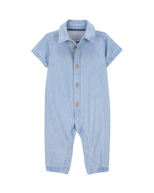 Macacão jeans bebê manga curta com gola denim médio | Carter's