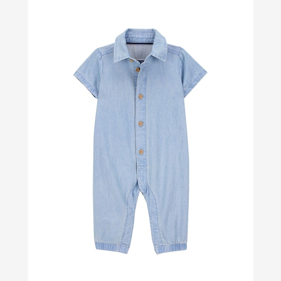 Macacão jeans bebê manga curta com gola denim médio | Carter's