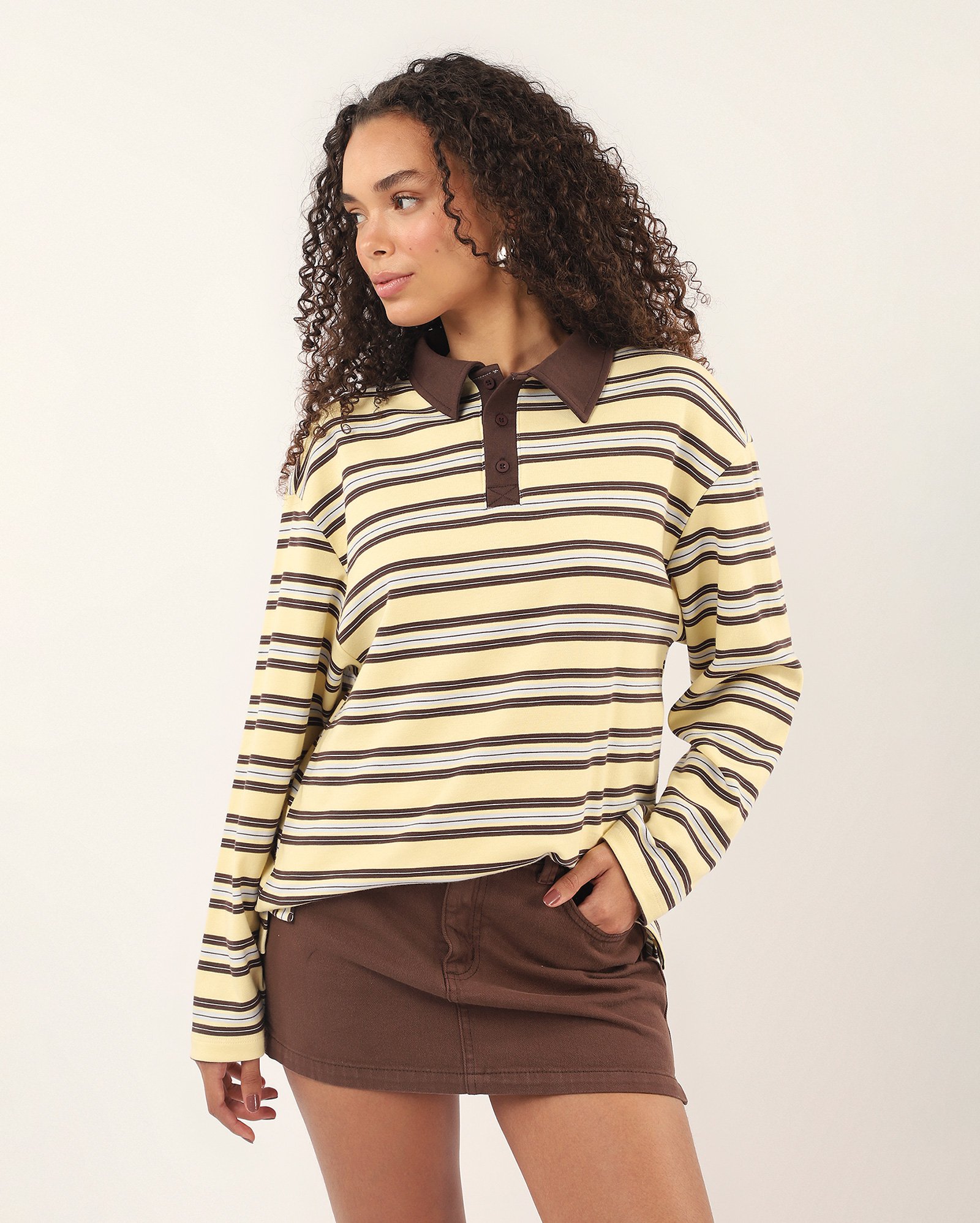 Polo feminina manga longa listrada - amarela