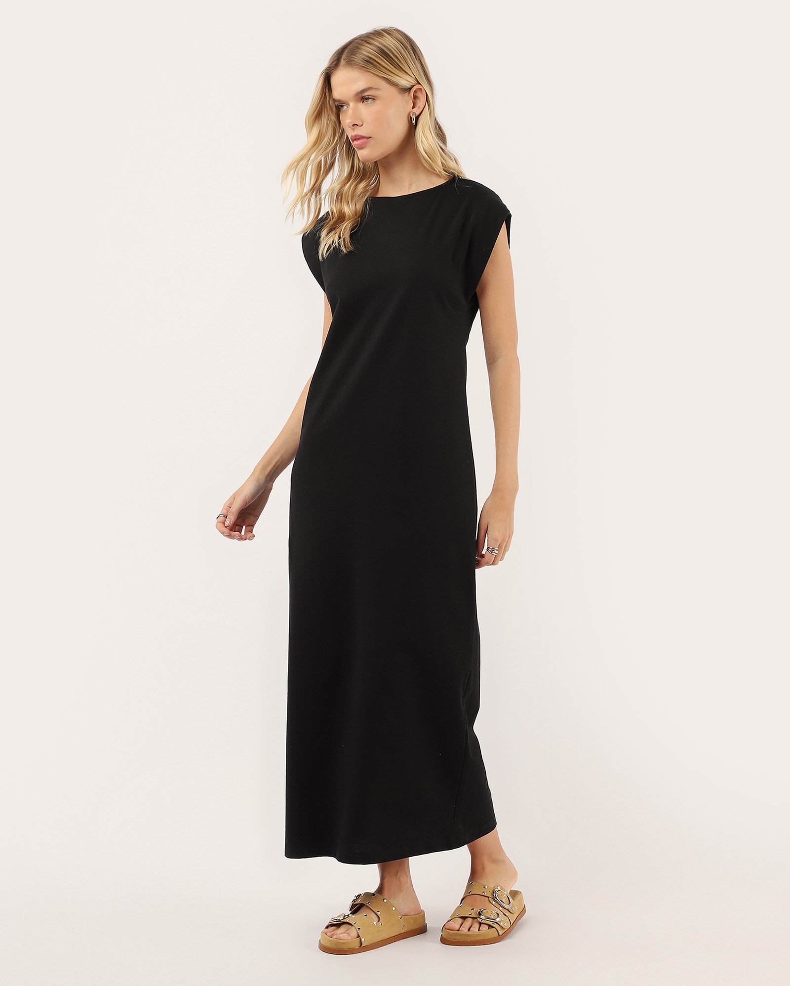 Vestido midi reto Carolina muscle tee preto