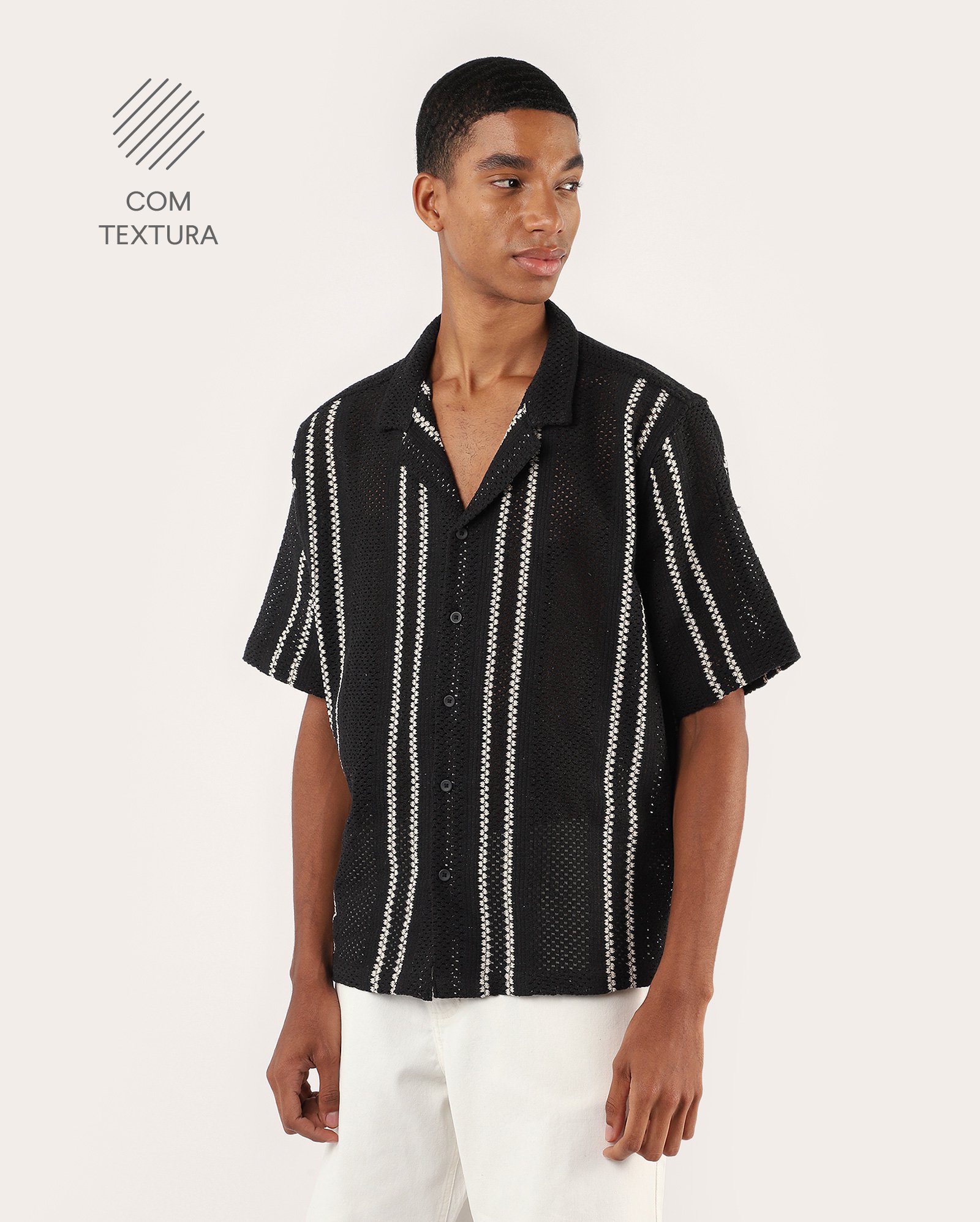 Camisa masculina crochê listrada - Preto