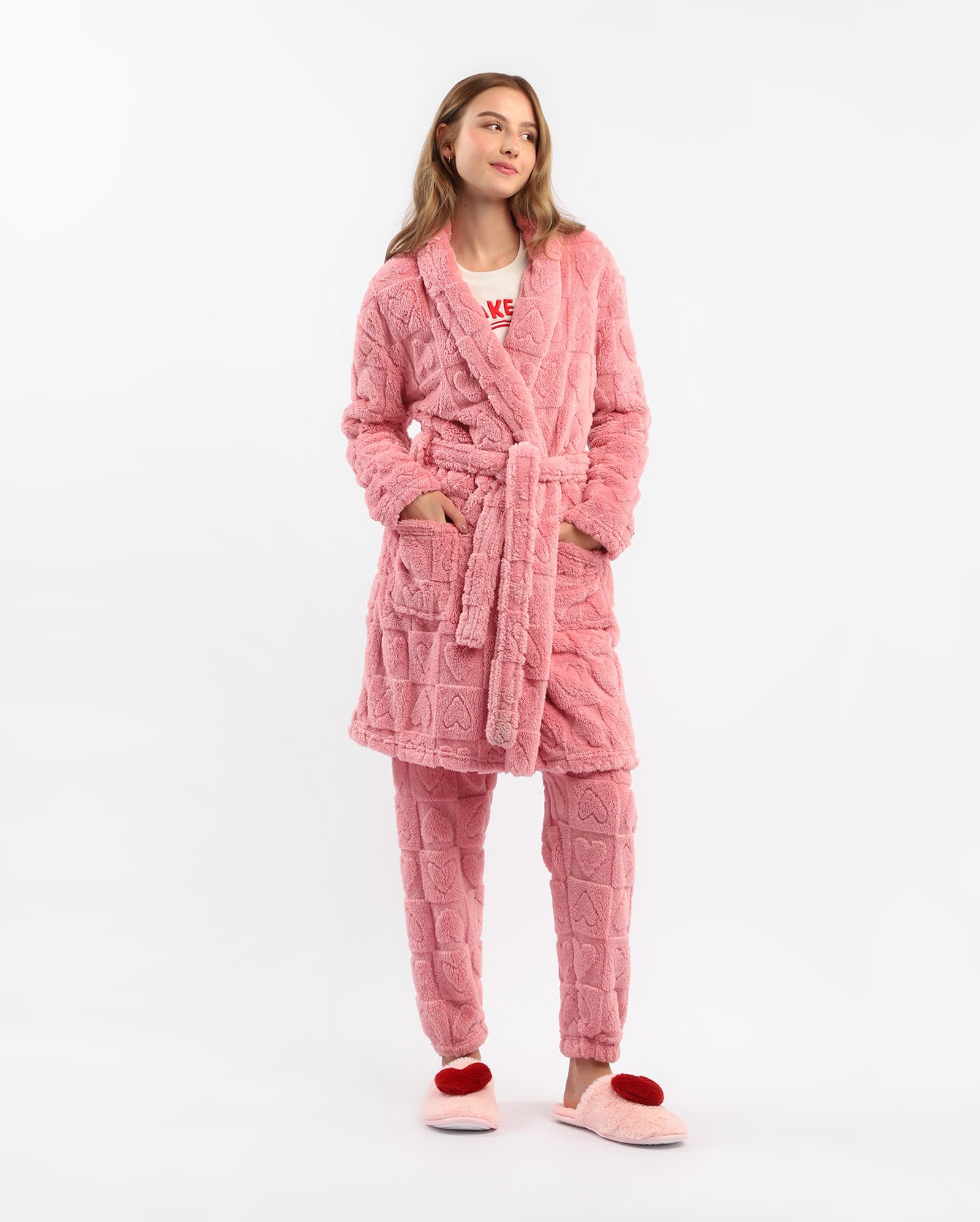 Robe feminino de fleece com coração - rosa