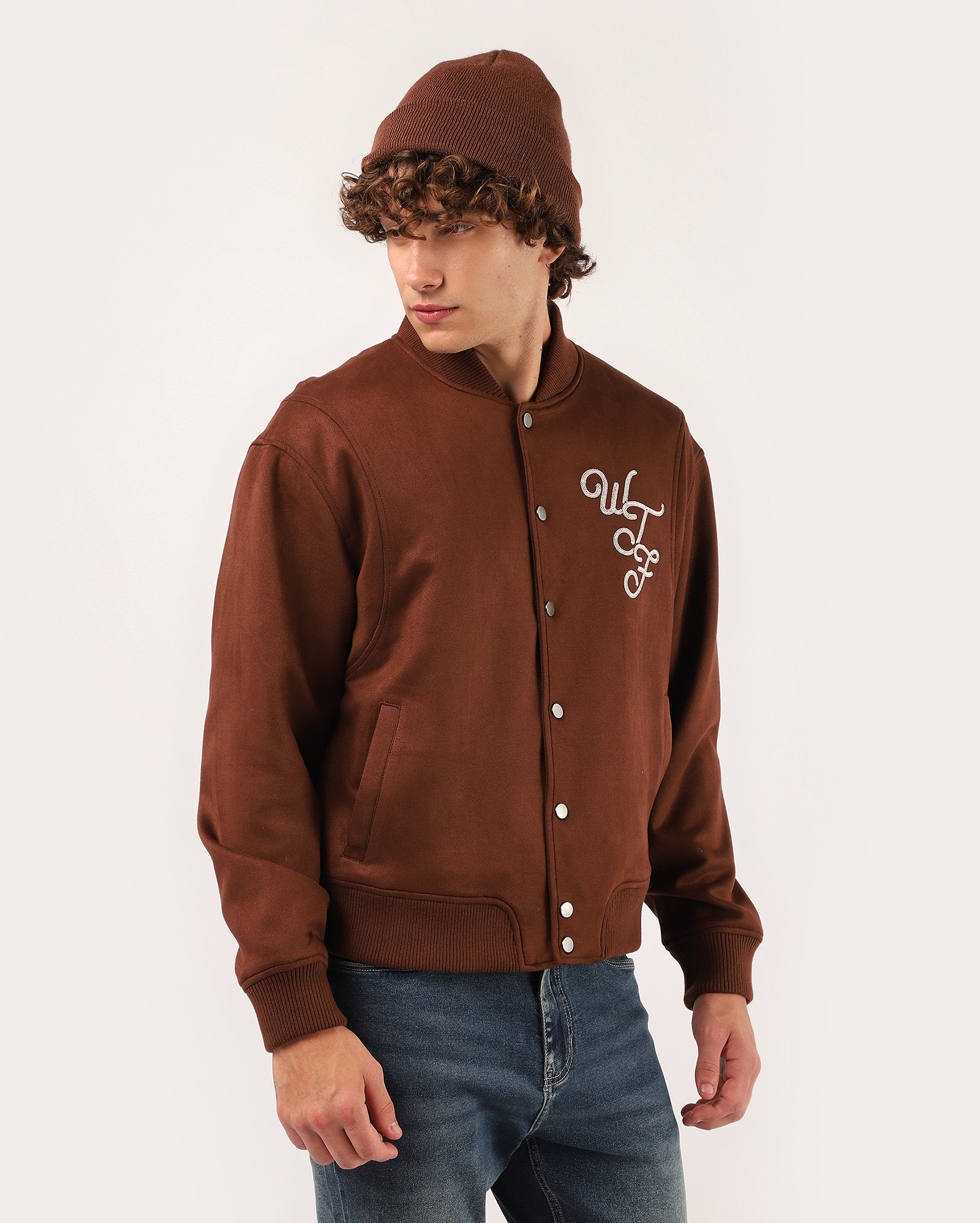 Jaqueta masculina de suede bomber bordada - marrom