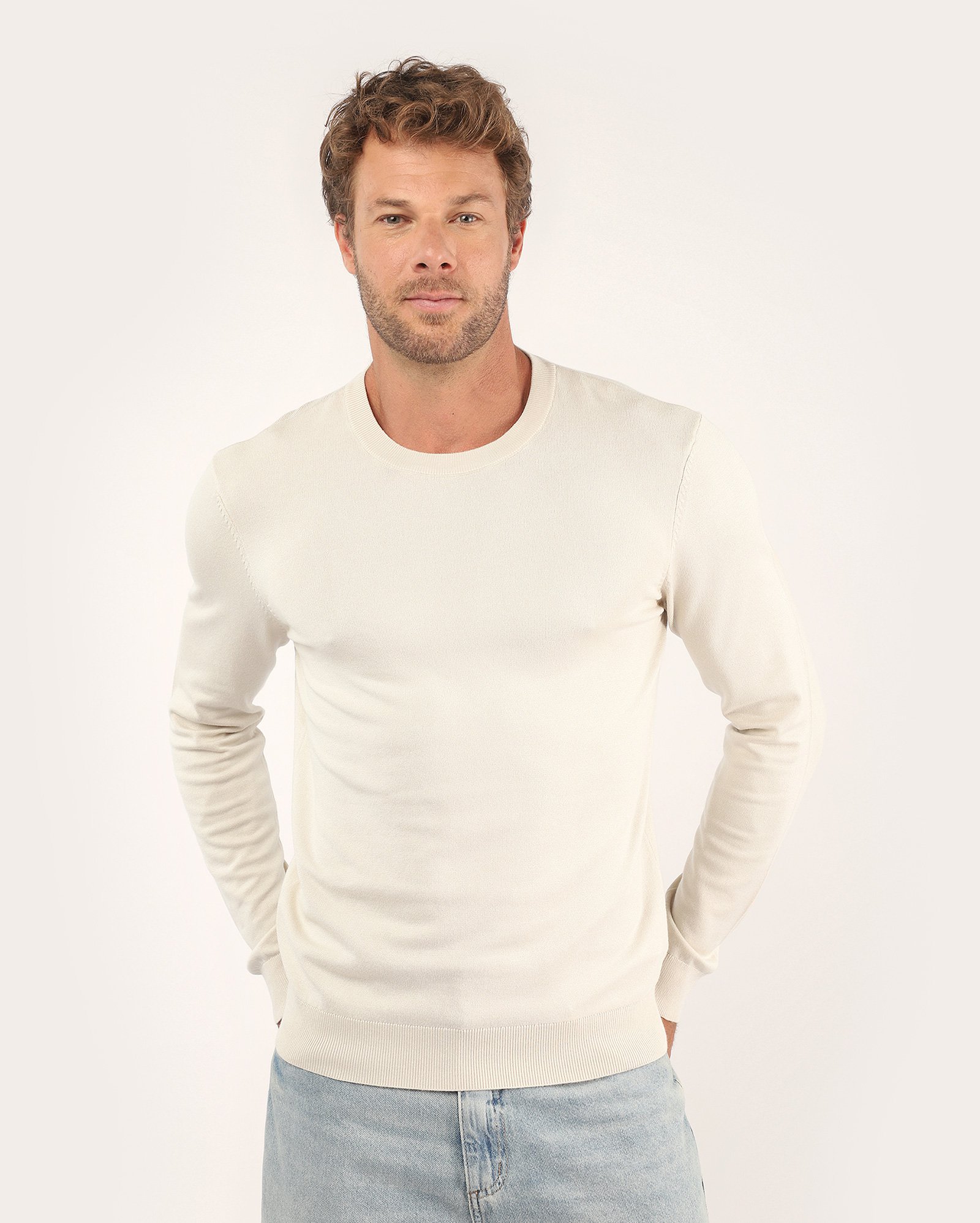 Suéter masculino tricot ajustado - Bege Claro