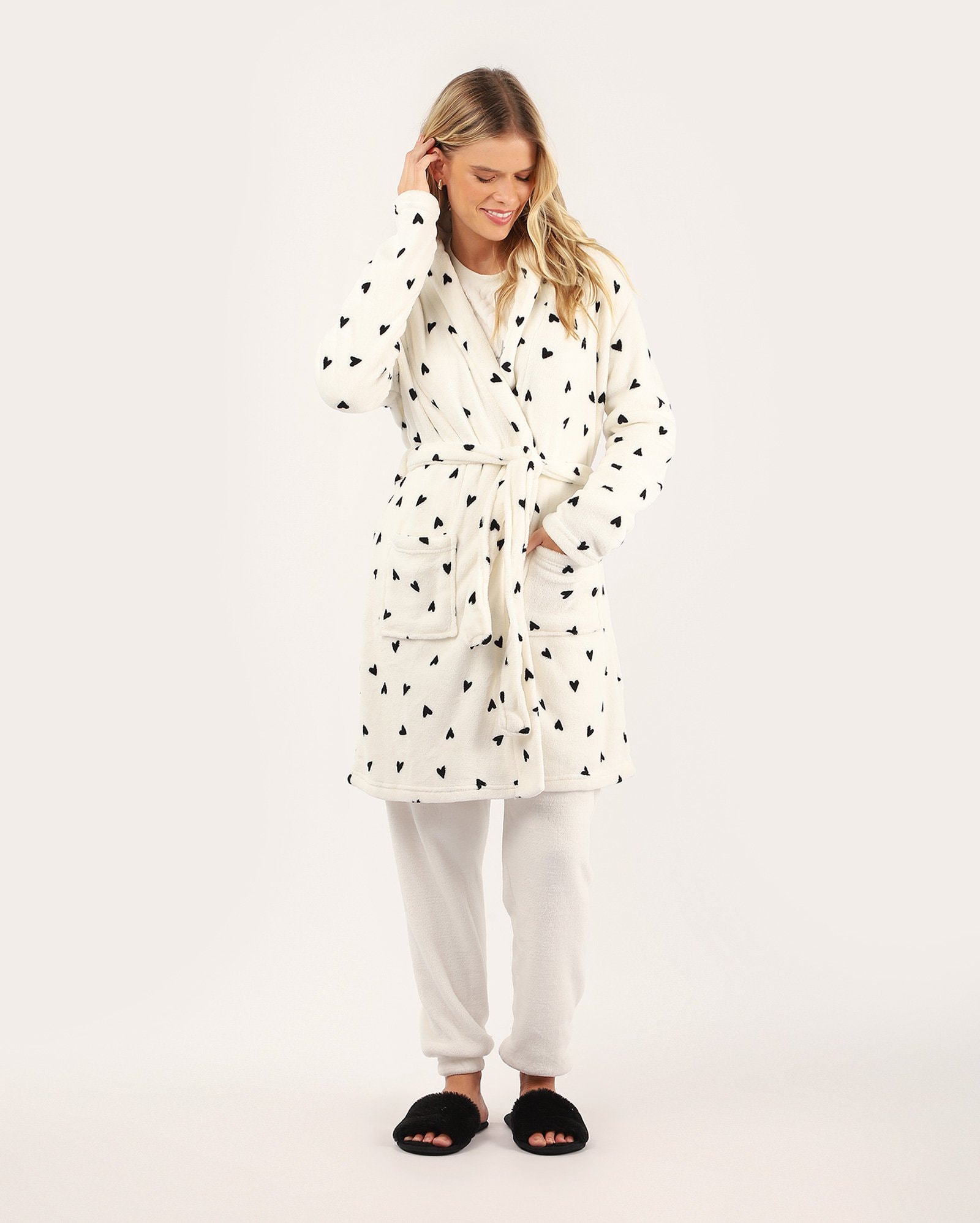 Robe feminino fleece corações - branco