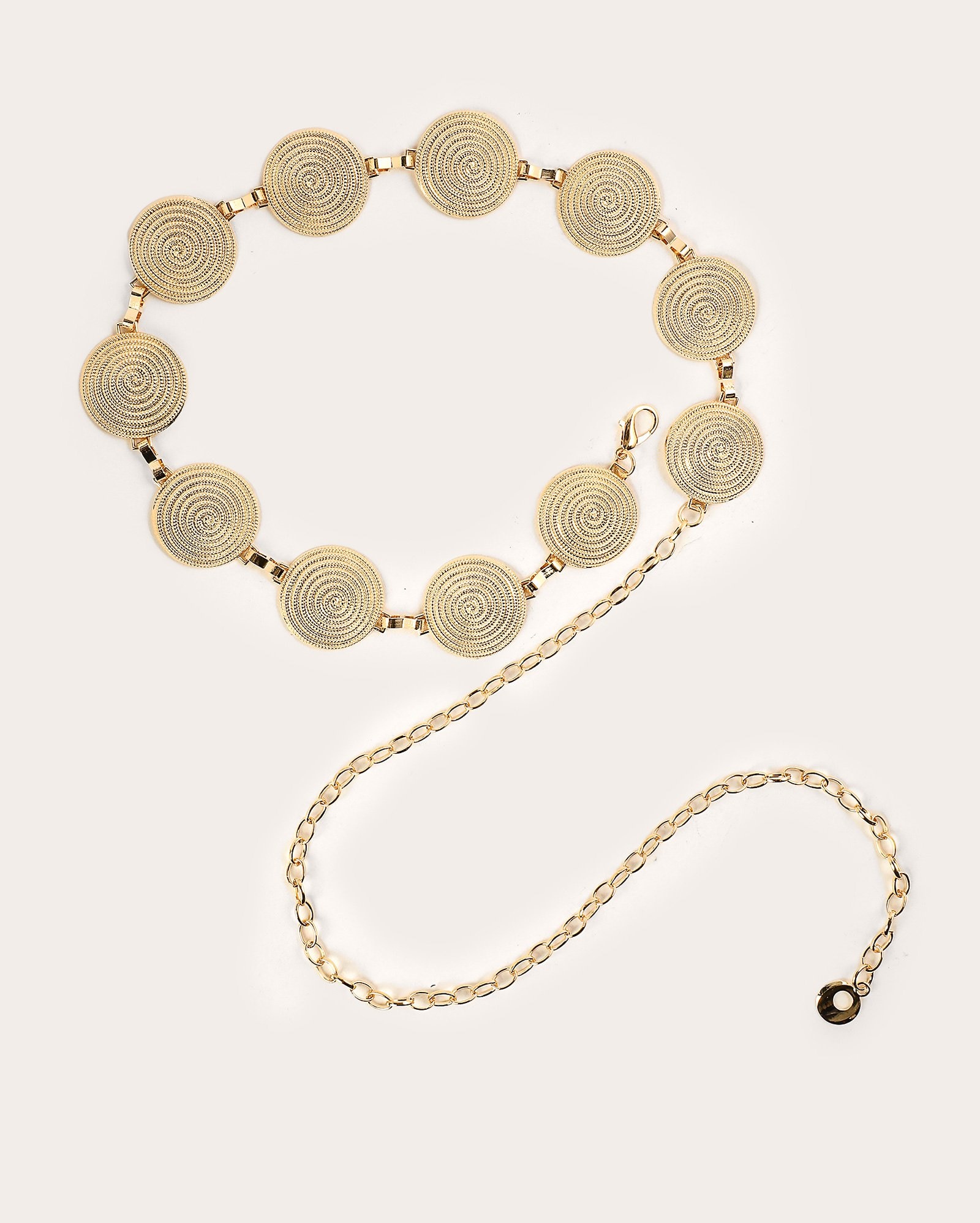 Cinto feminino corrente espiral em metal dourado