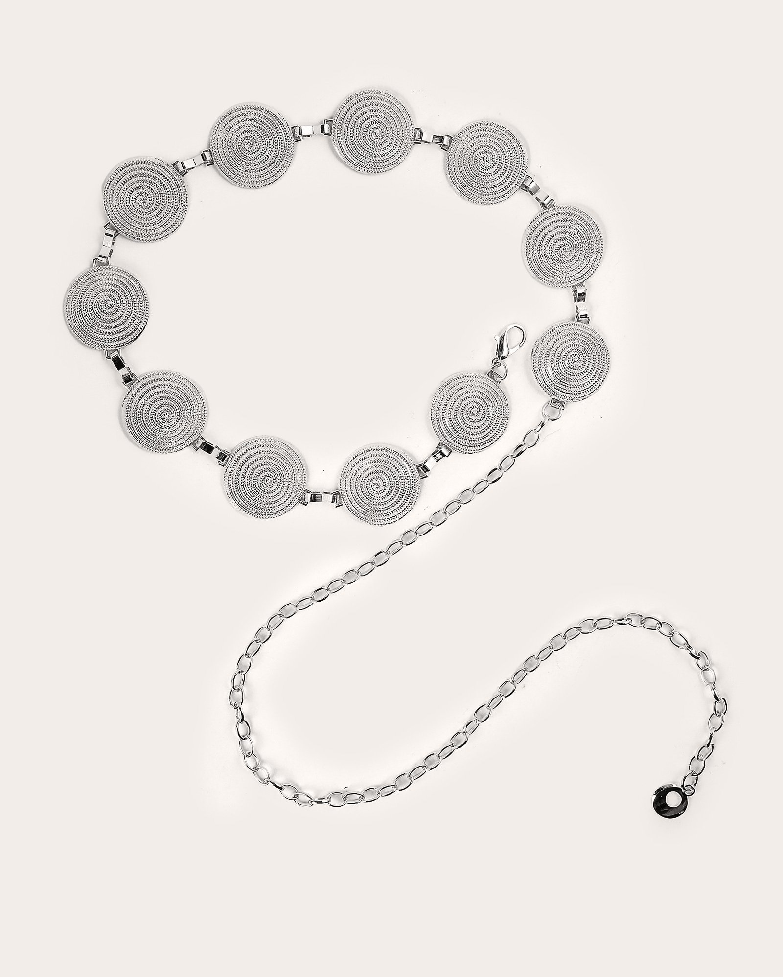 Cinto feminino corrente espiral em metal prata