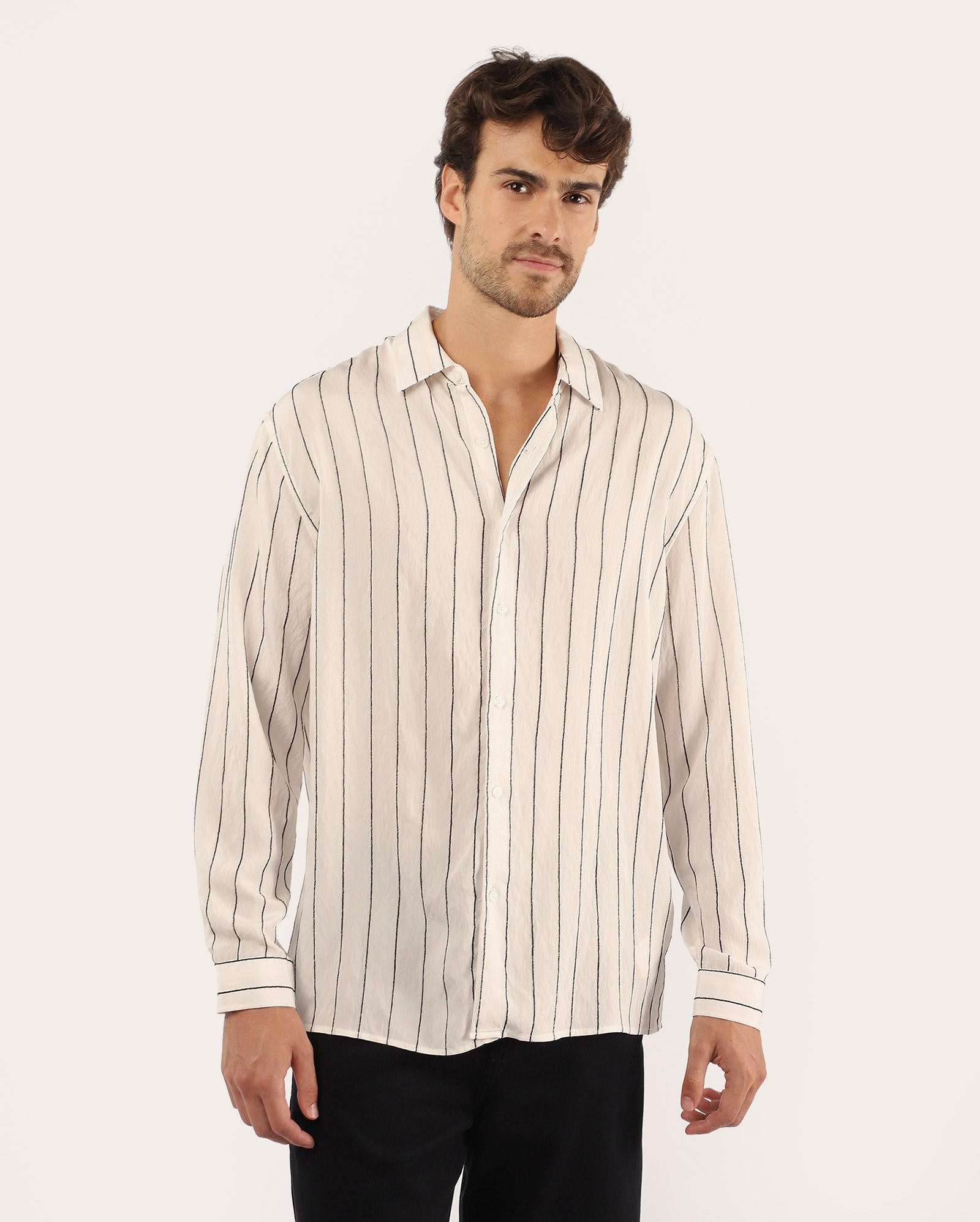 Camisa masculina manga longa listrada - branca
