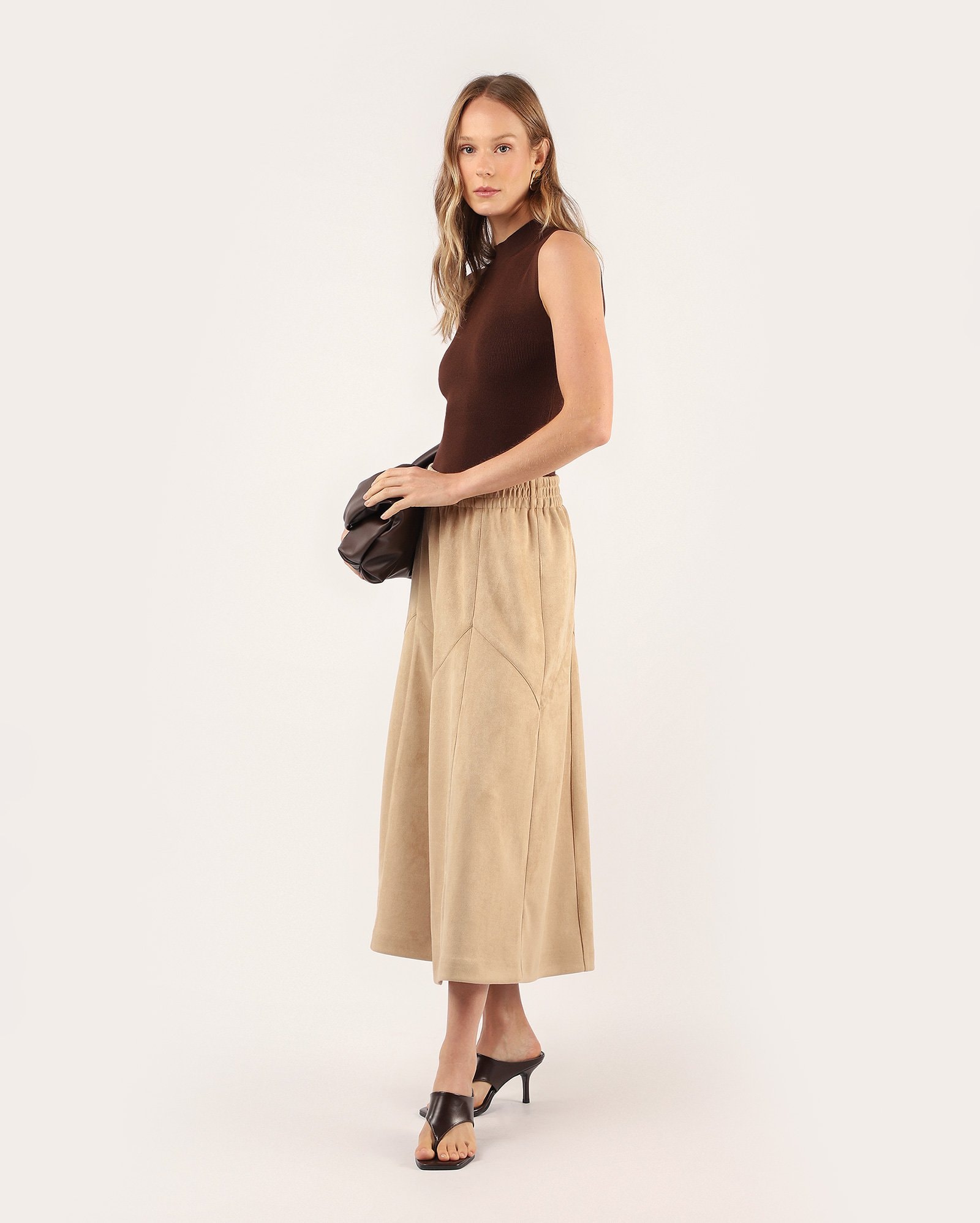 Saia midi em suede cós elástico - Bege
