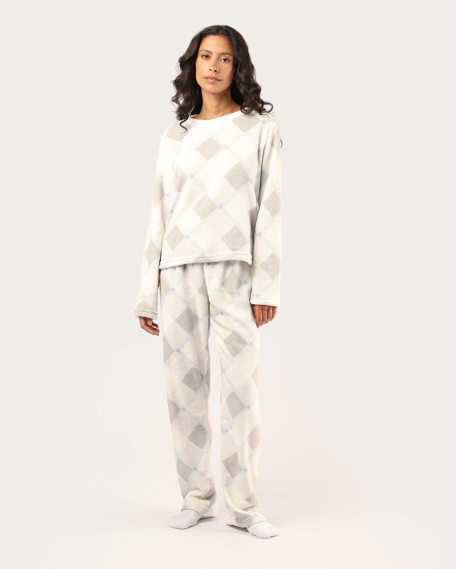 Pijama longo feminino fleece xadrez - branco