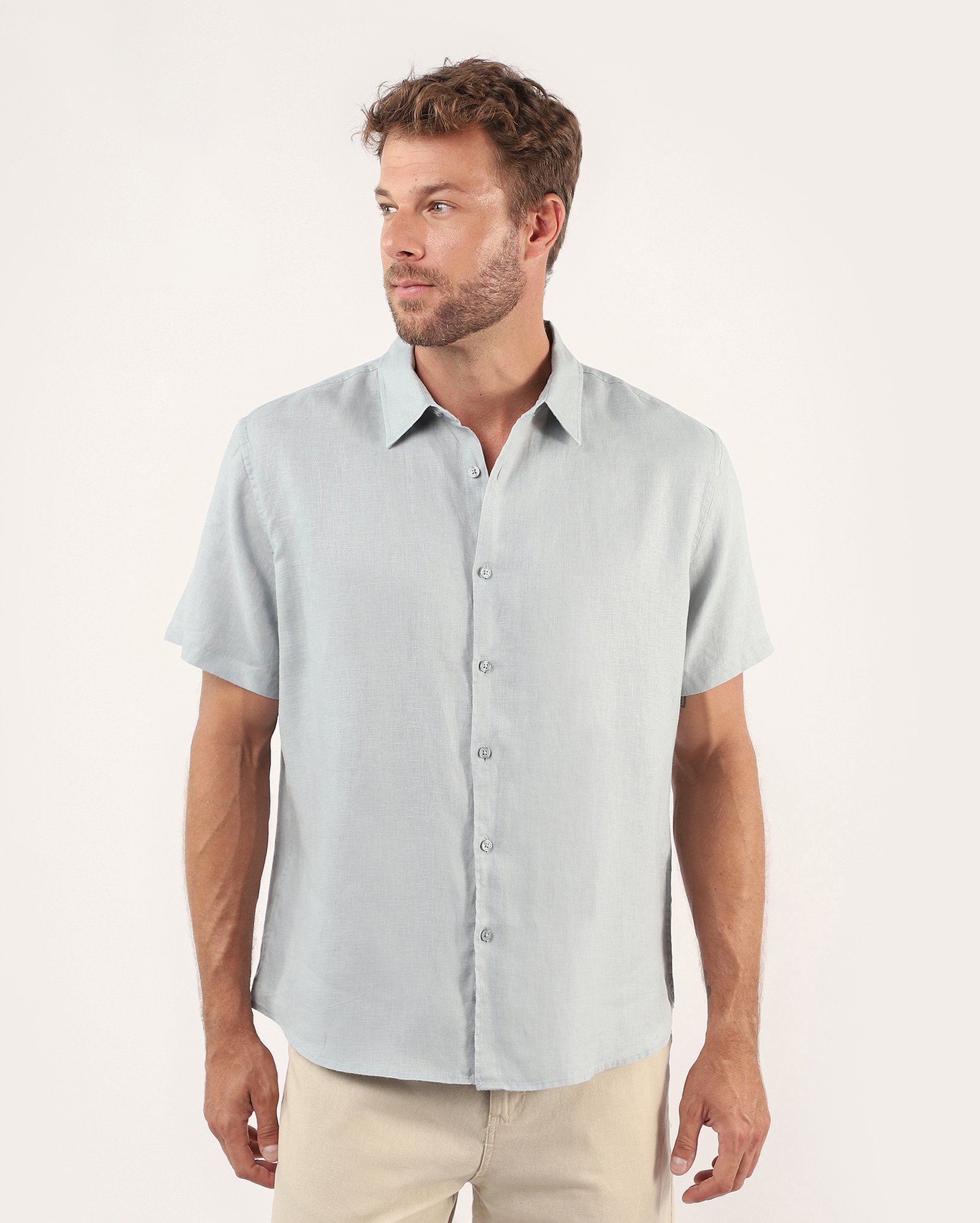 Camisa masculina 100% linho regular - Azul Claro