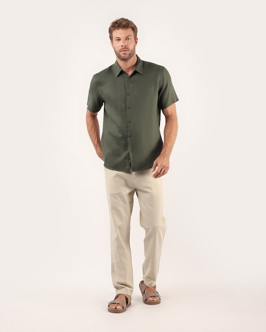 Camisa masculina manga curta 100% linho - Verde Escuro