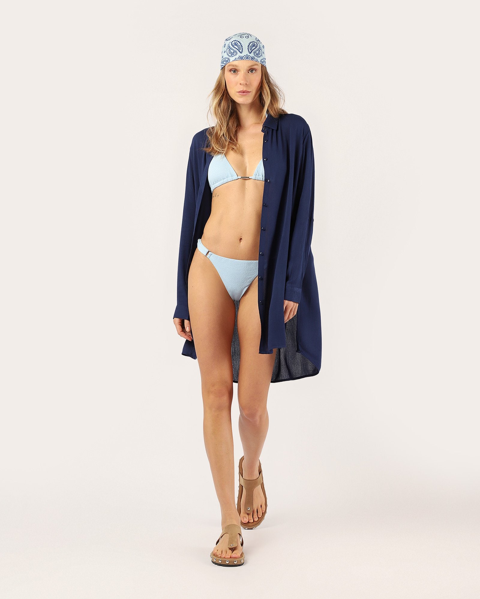 Saída de praia chemise curta viscose texturizada - Azul Escuro