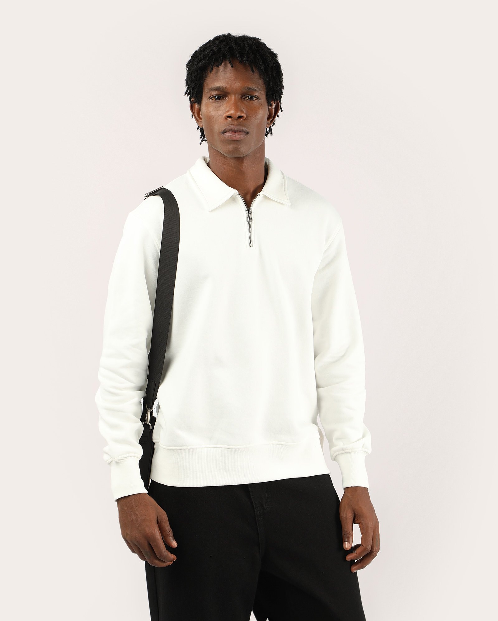 Blusa de moletom masculina gola polo com zíper - Branco