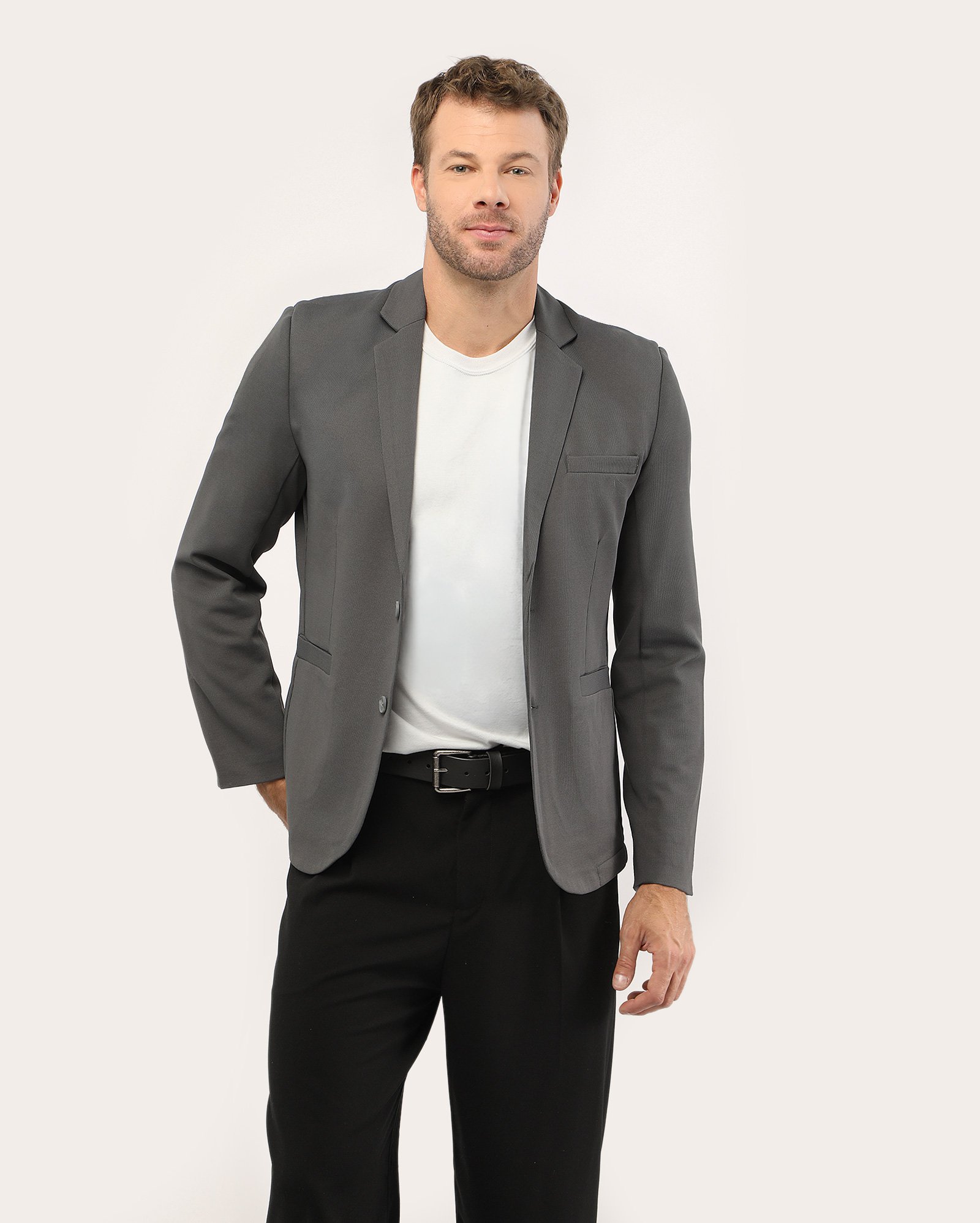 Blazer masculino acinturado de malha - cinza