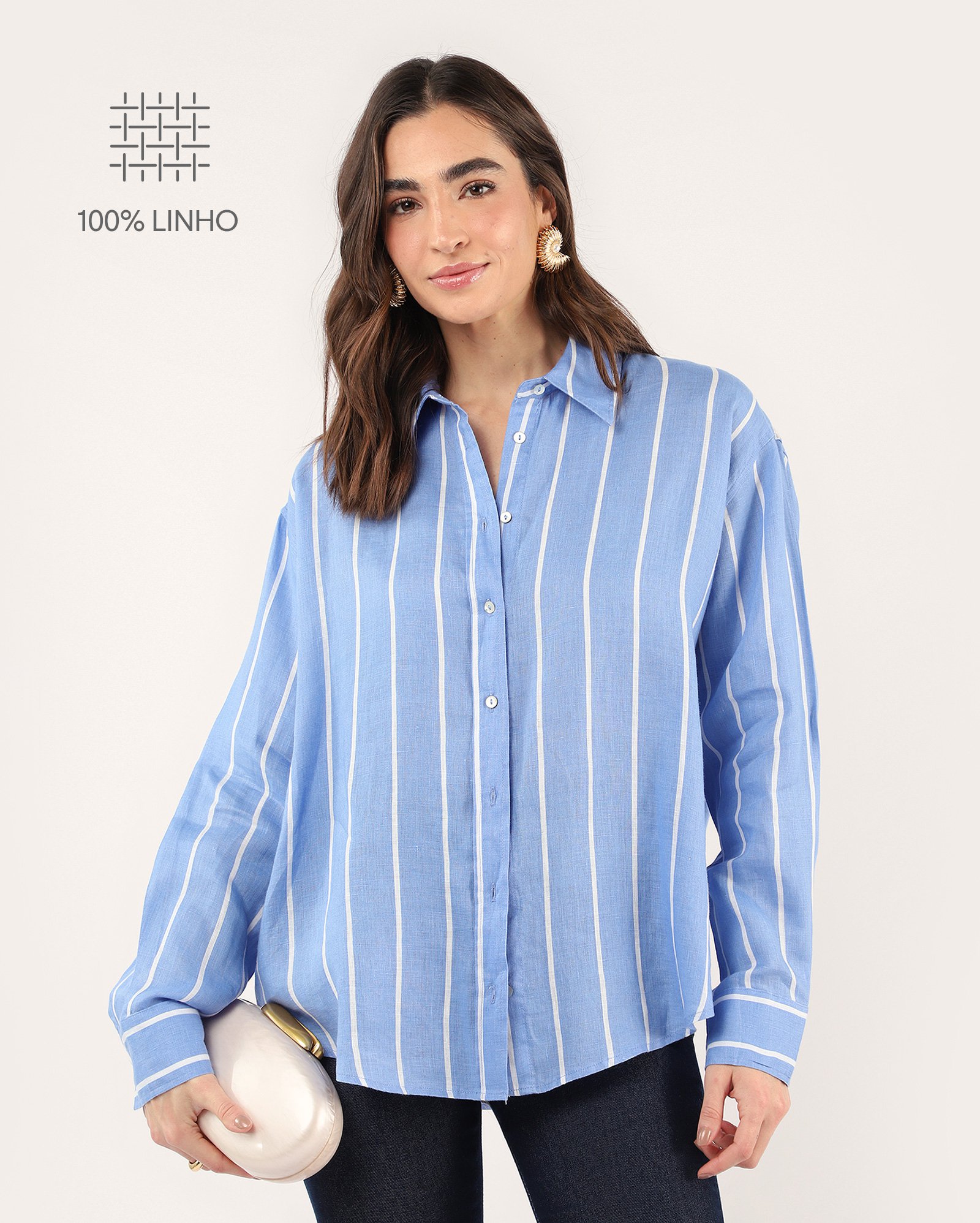 Camisa feminina alongada 100% linho - azul