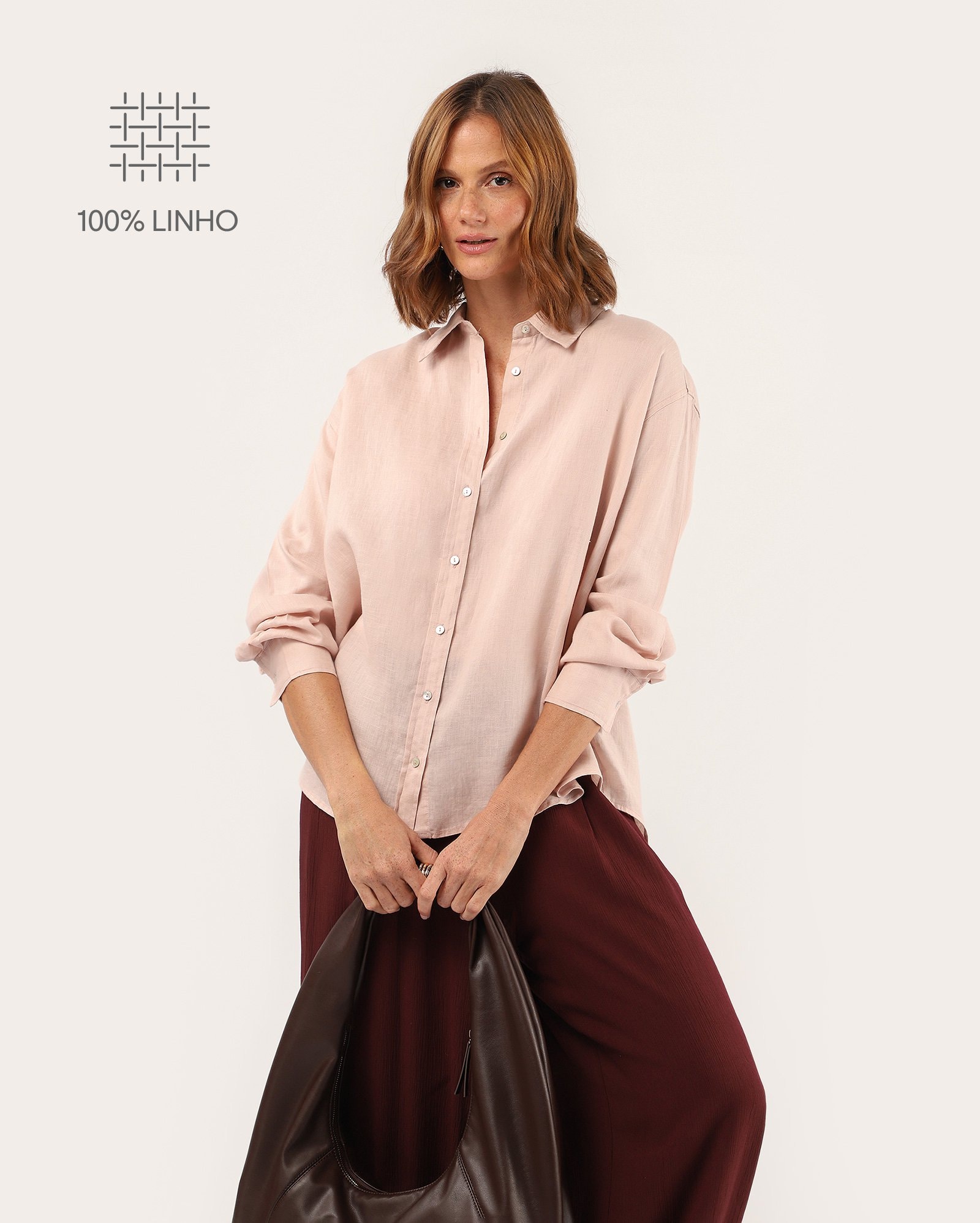 Camisa feminina alongada 100% linho - Rosa Claro