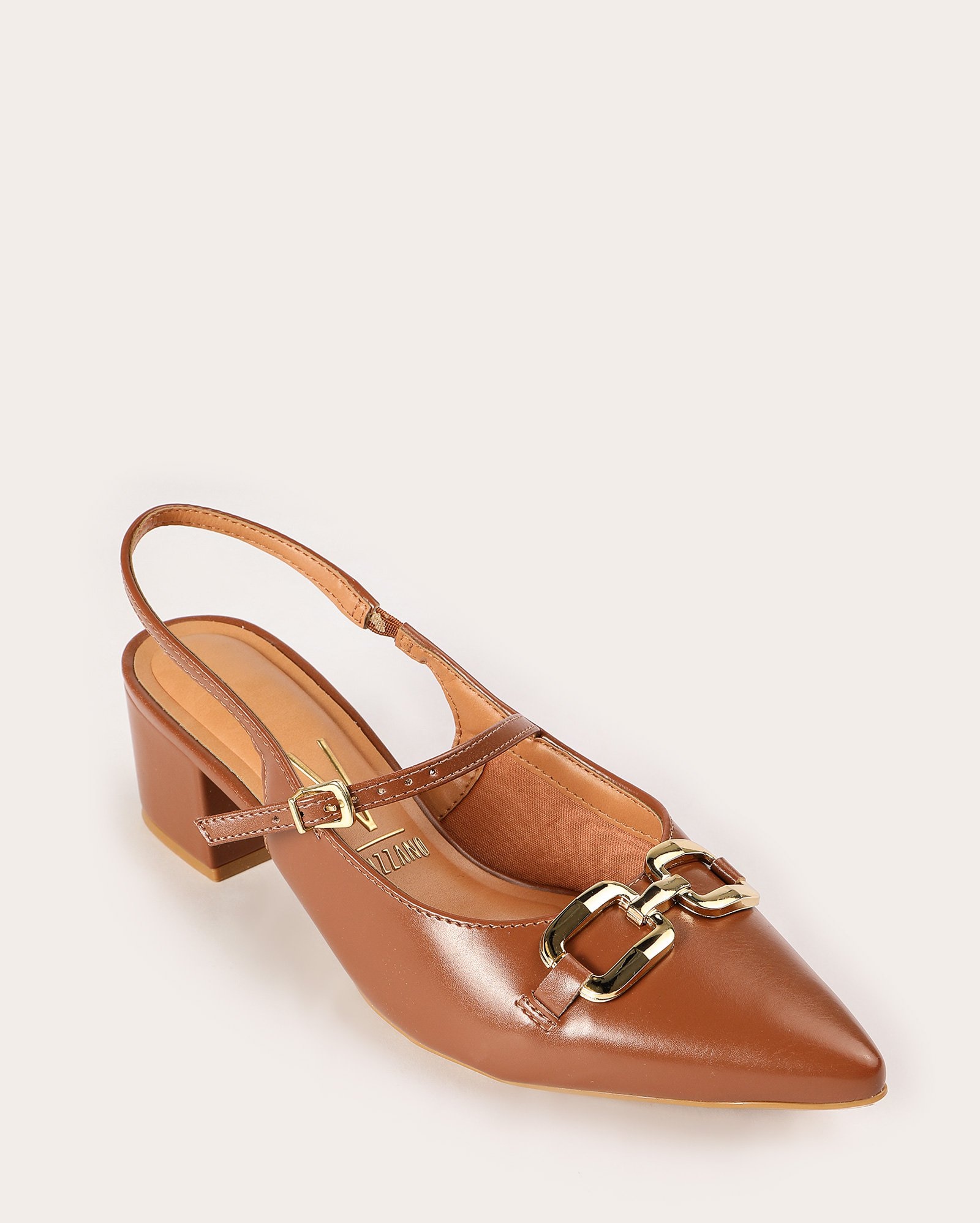 Sapato scarpin slingback salto grosso - Marrom Claro | Vizzano