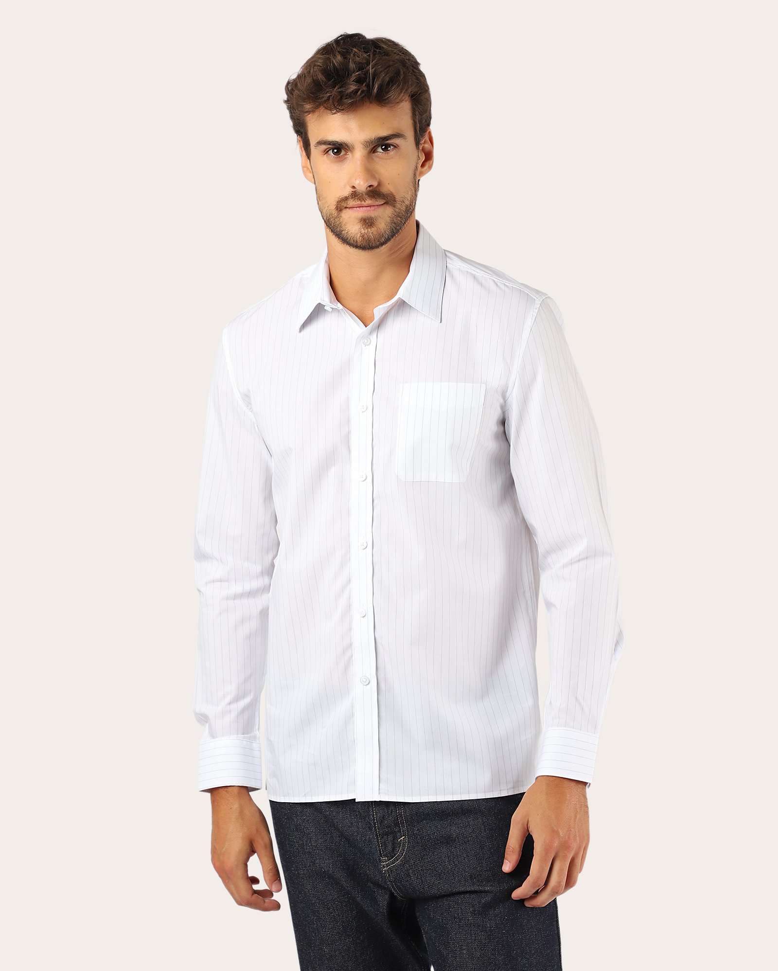Camisa social masculina regular com listras - Branco