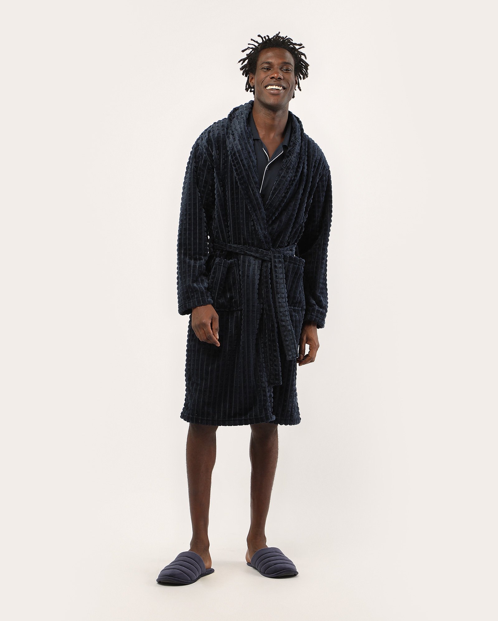 Robe masculino de fleece canelado - azul