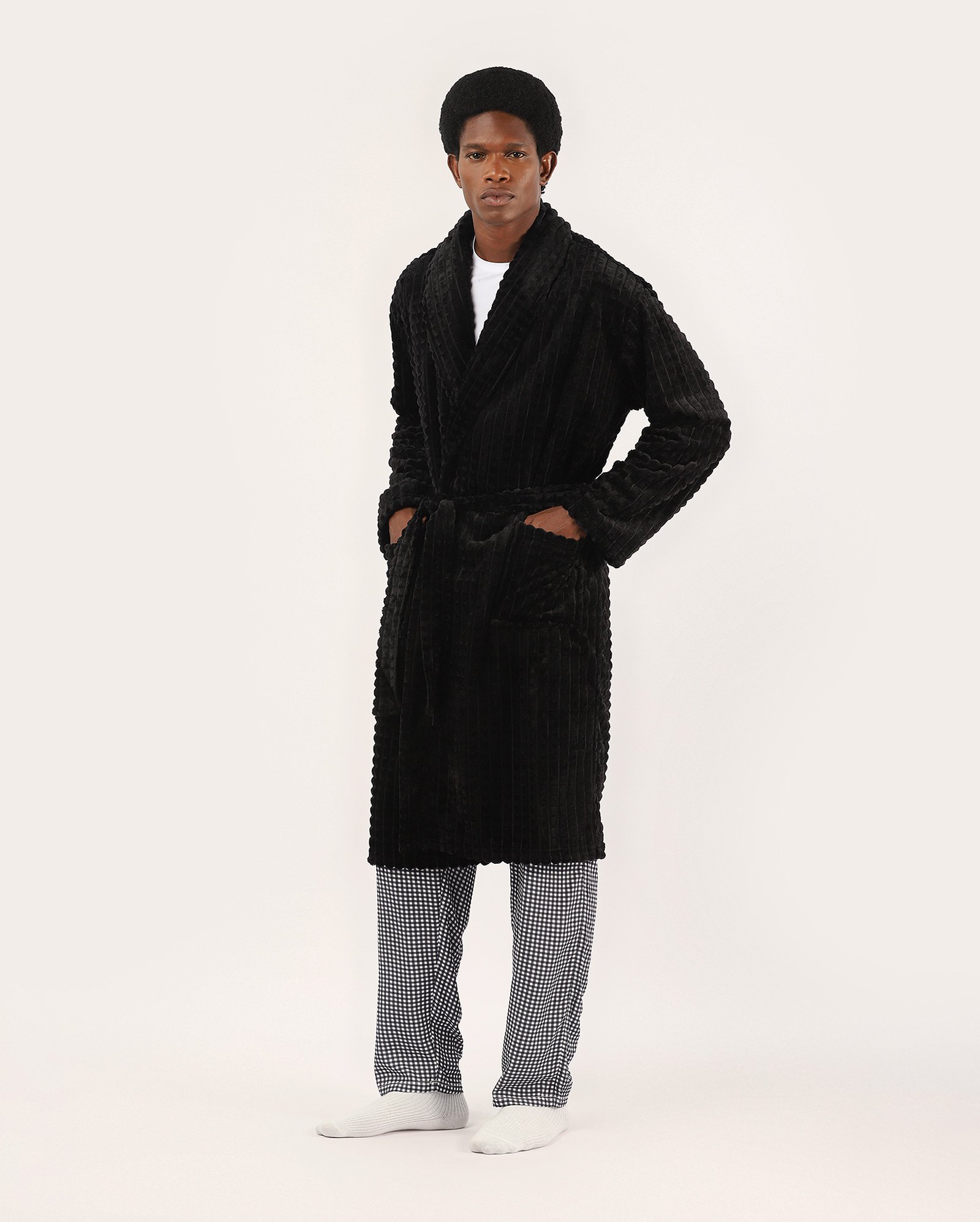 Robe masculino de fleece canelado - preto
