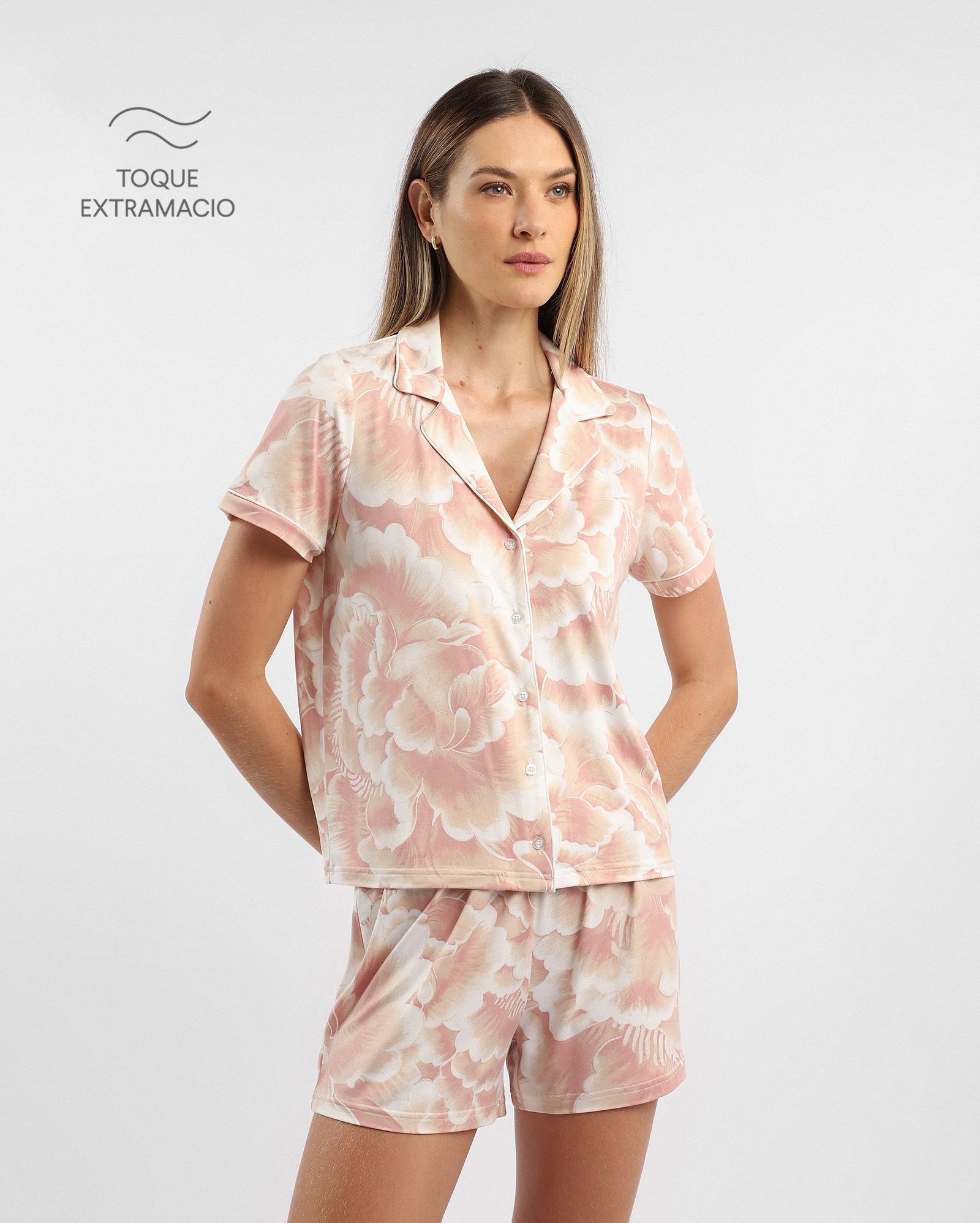 Pijama curto feminino americano floral - rosa