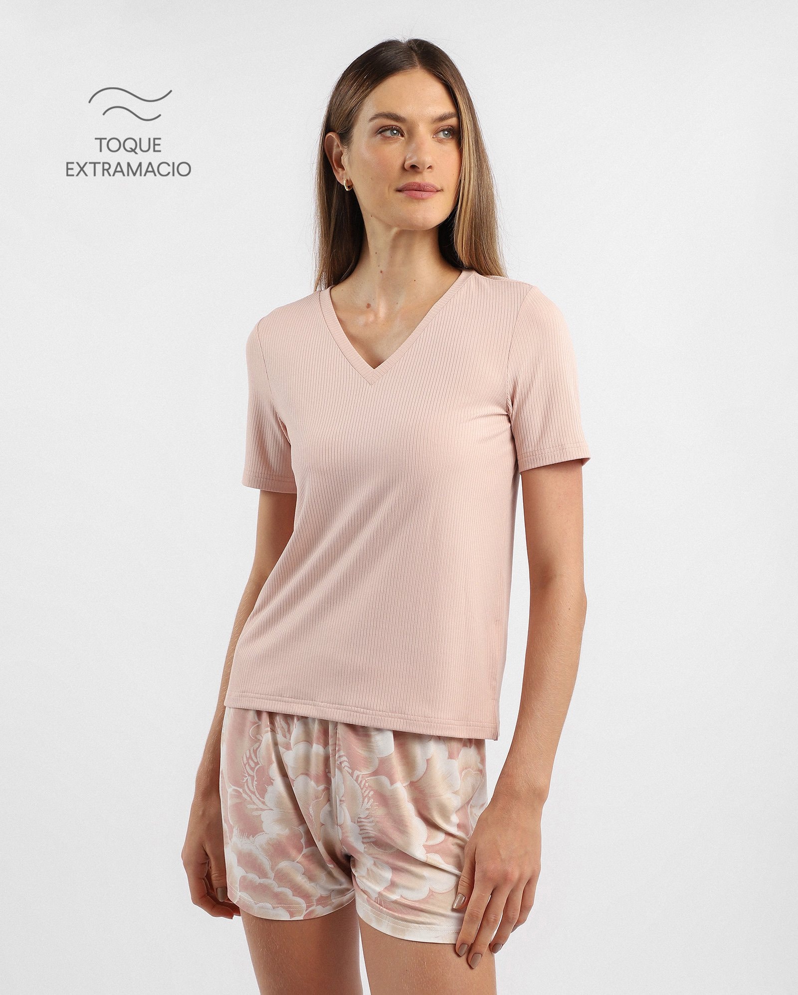 Pijama curto feminino canelado floral - rosa