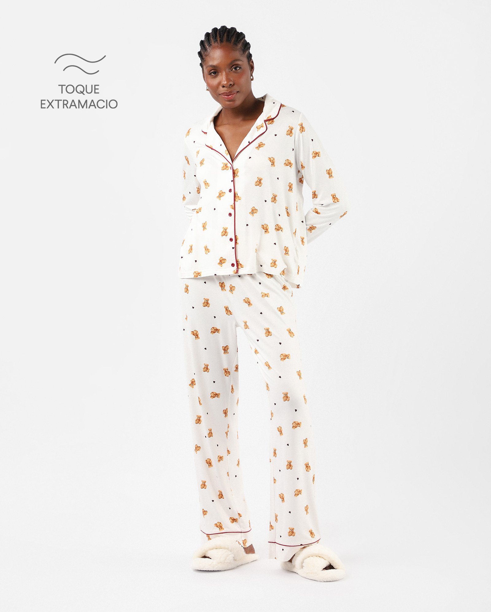 Pijama longo feminino americano urso - branco