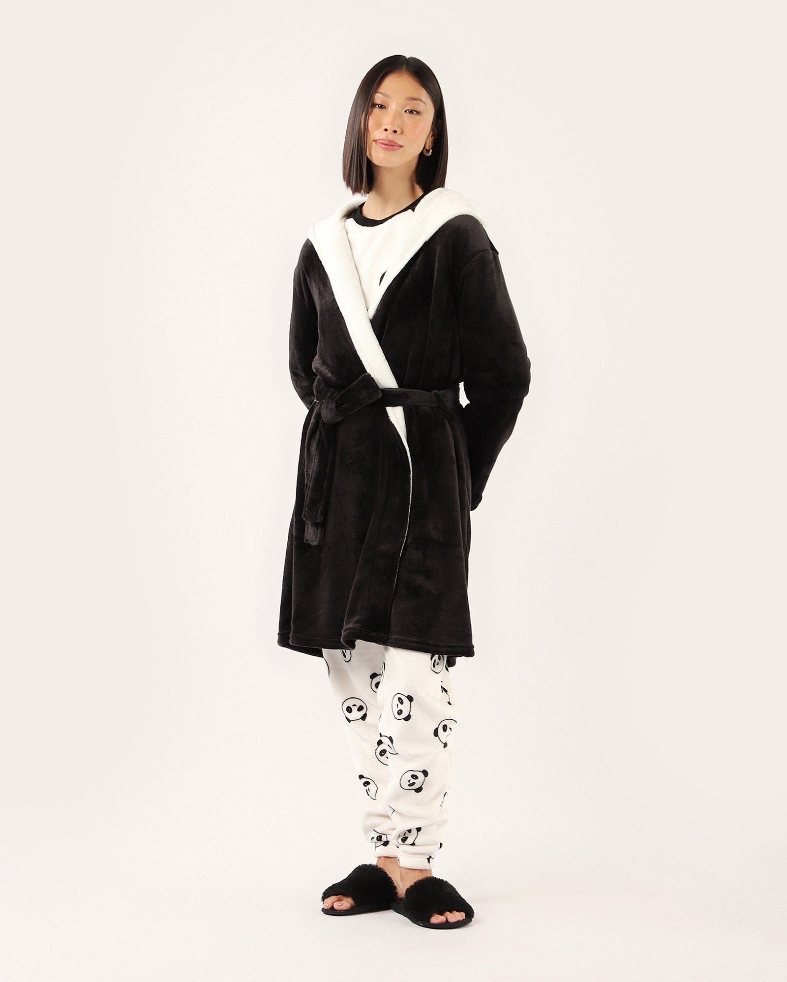 Robe feminino urso panda com capuz interativo - preto