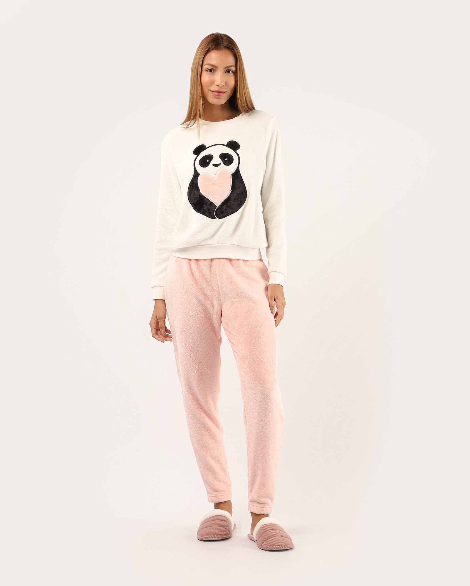 Pijama longo feminino em fleece com panda - multicor