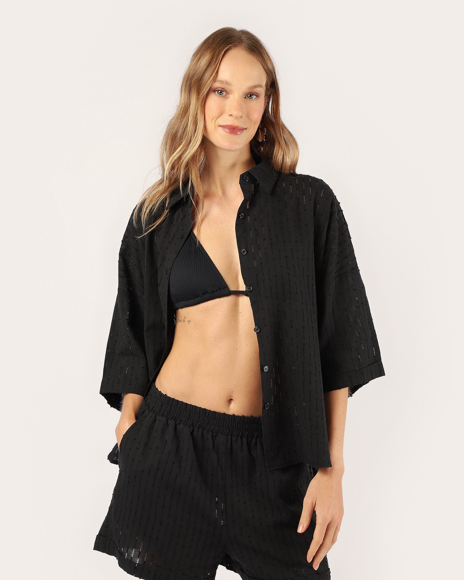 Saída de praia chemise em laise - preta