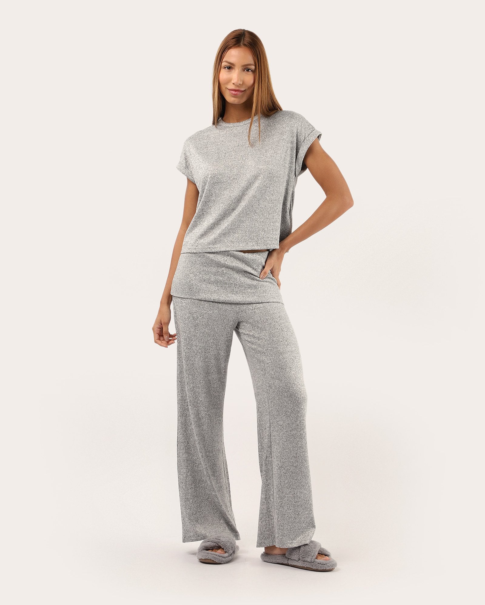 Pijama longo feminino malha mescla - cinza
