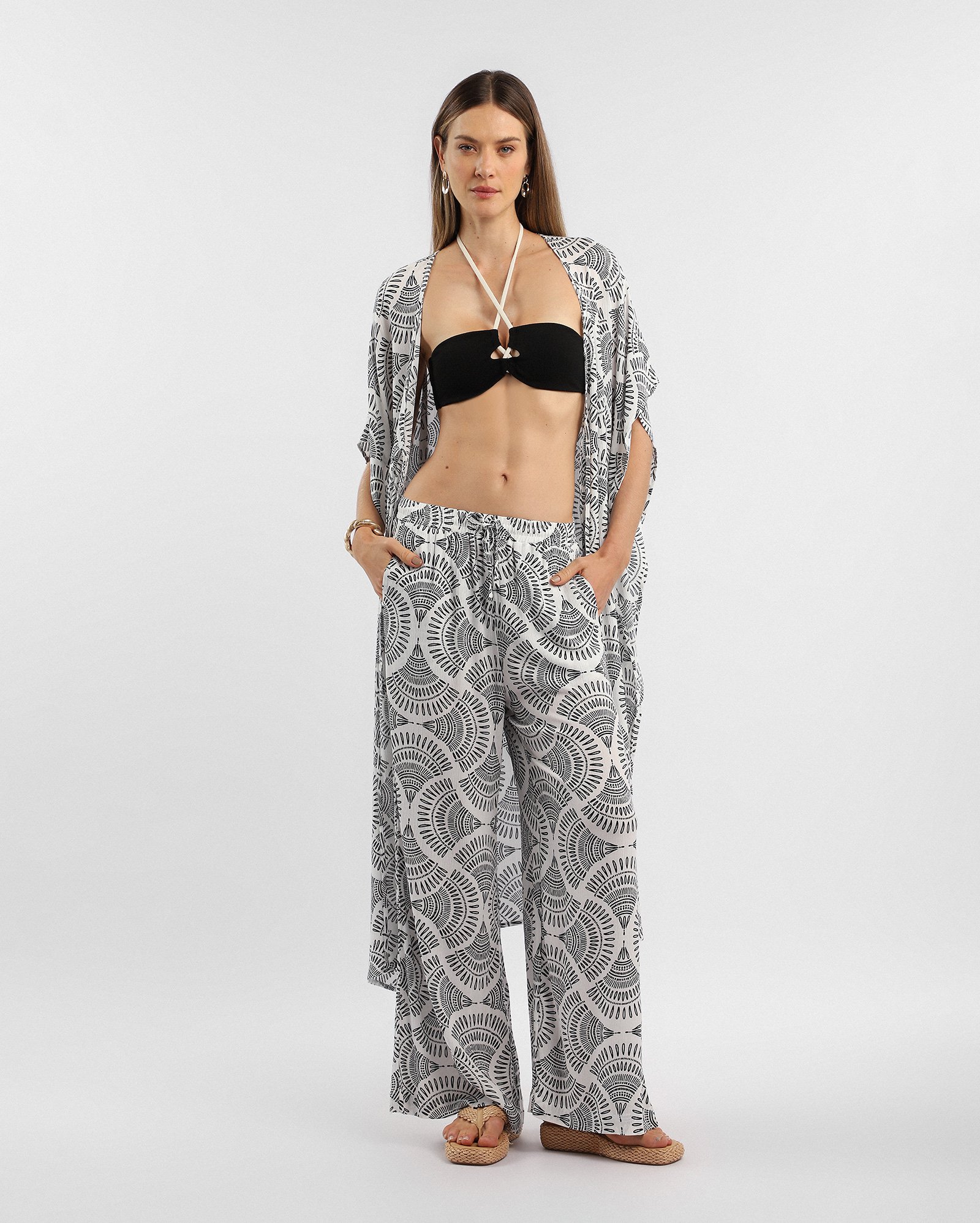 Saída de praia calça pantalona boho - branca