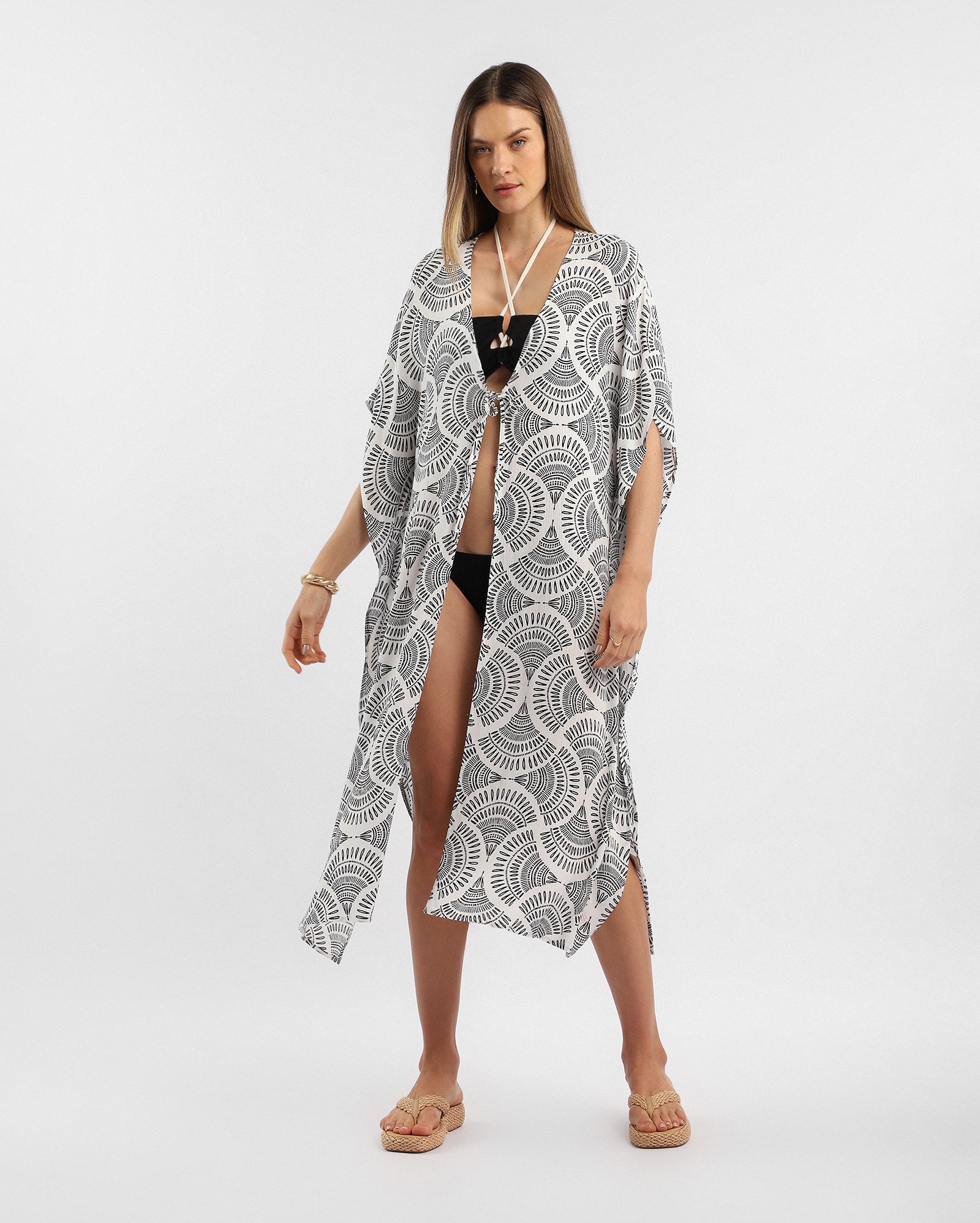 Saída de praia kimono boho - branca