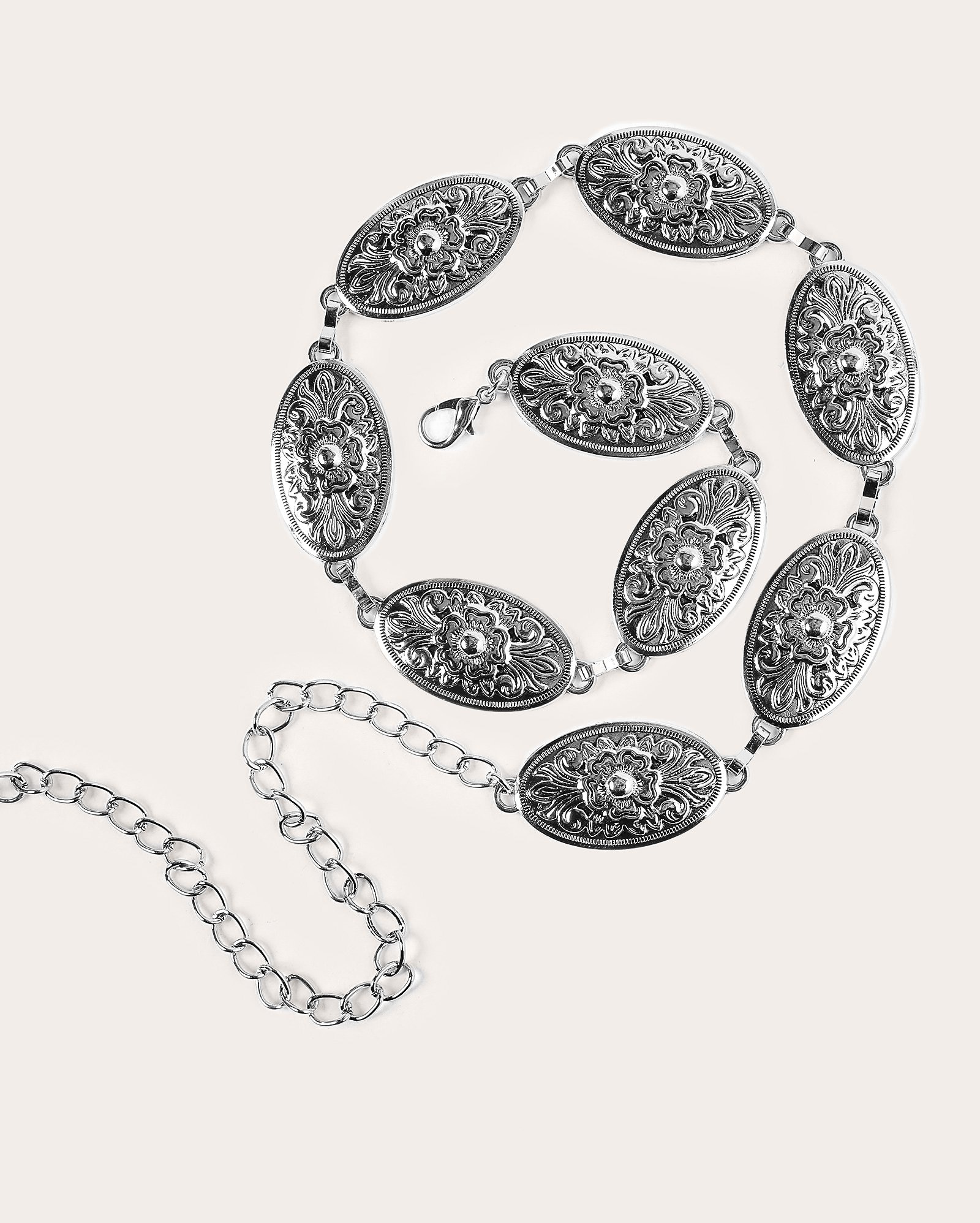 Cinto feminino corrente com medalhas em metal prata