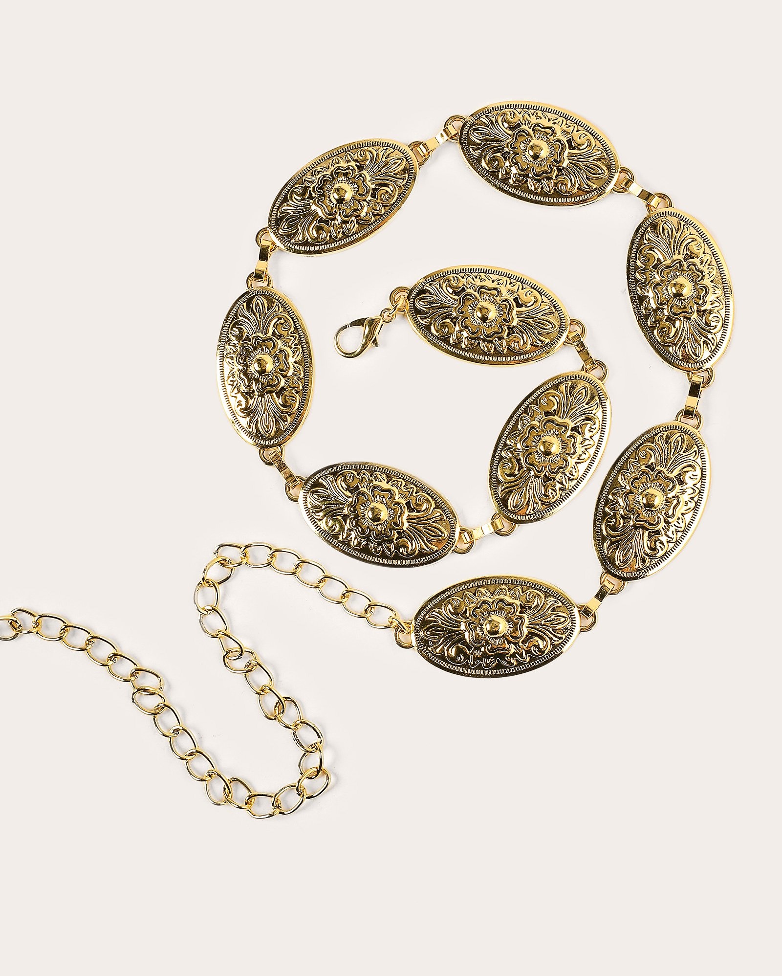 Cinto feminino corrente com medalhas em metal dourado