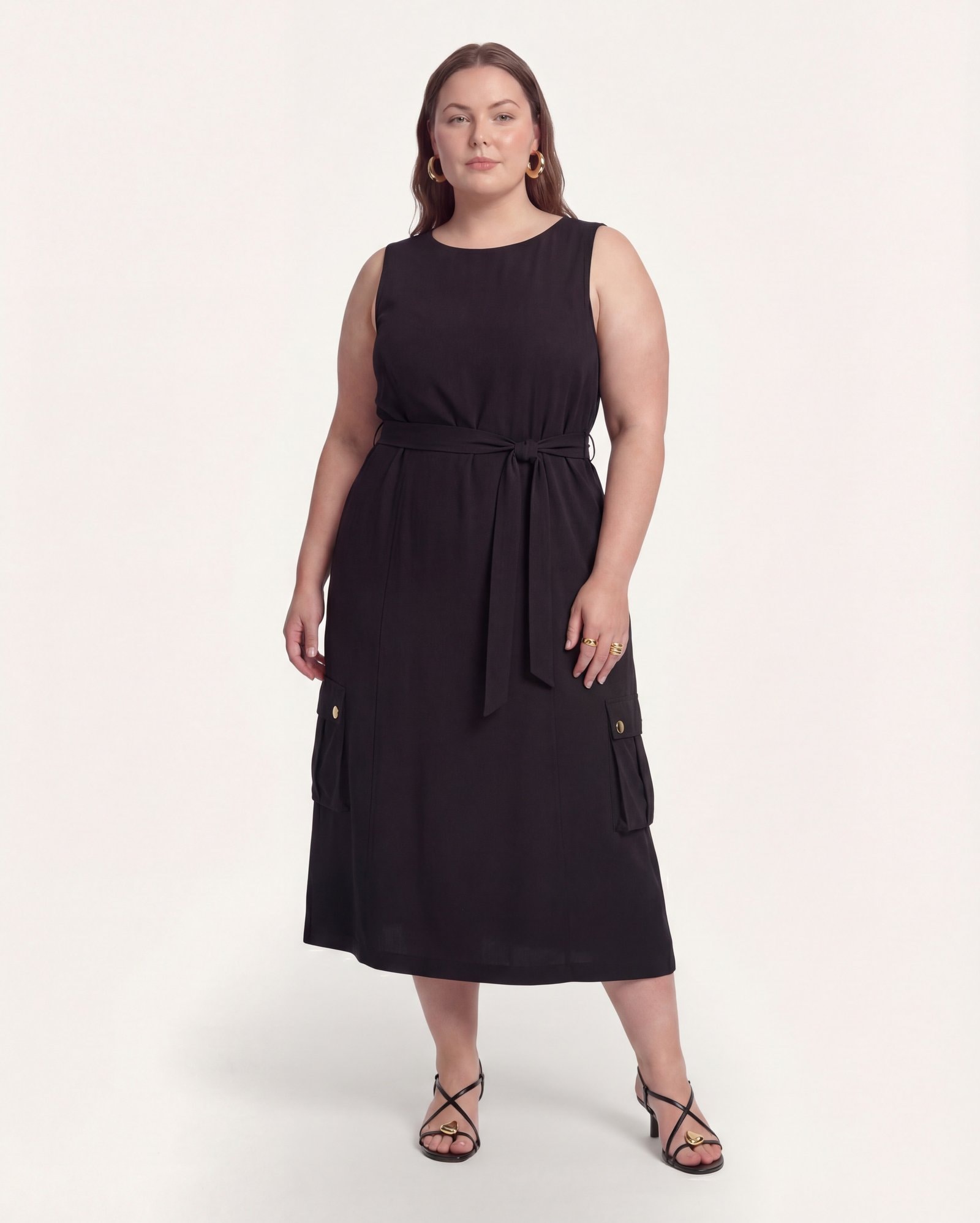Vestido plus size midi com viscose e amarração - preto