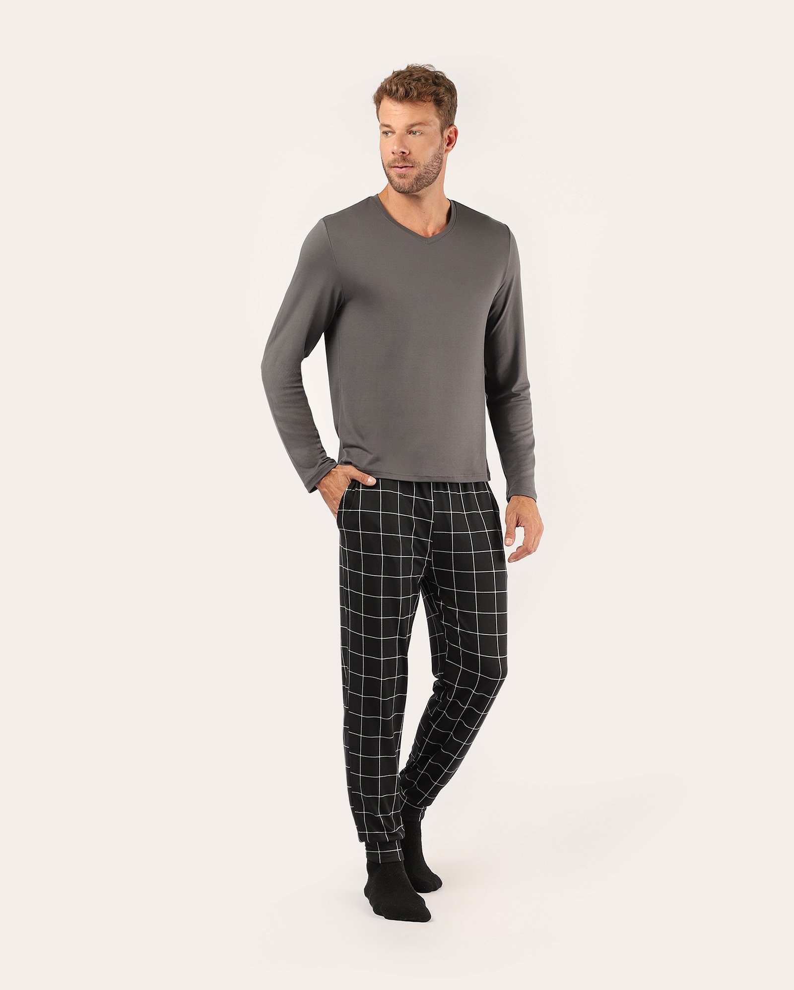 Pijama longo masculino quadriculado e mescla - multicor