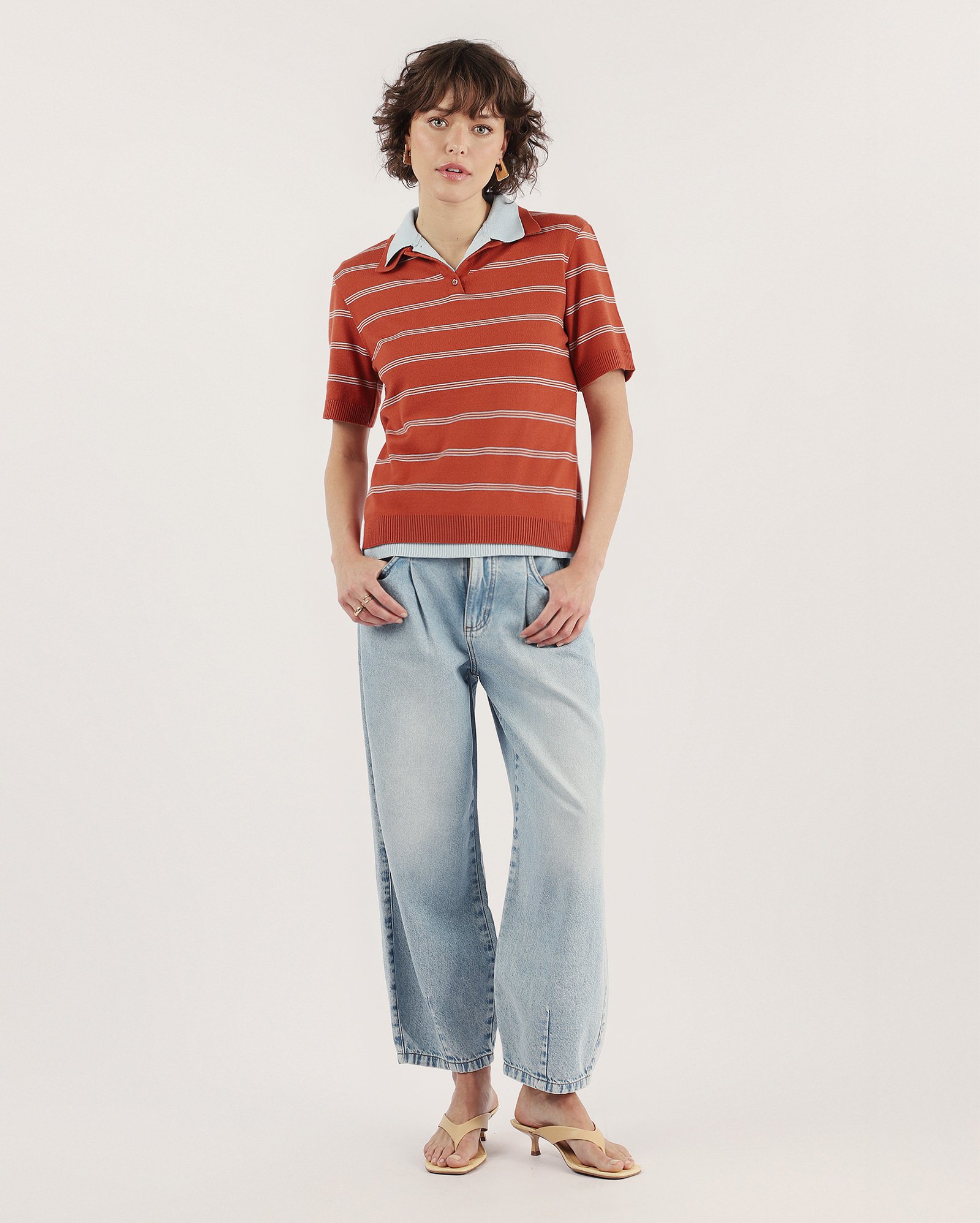 Camisa polo feminina de tricot listrada - Laranja Escuro