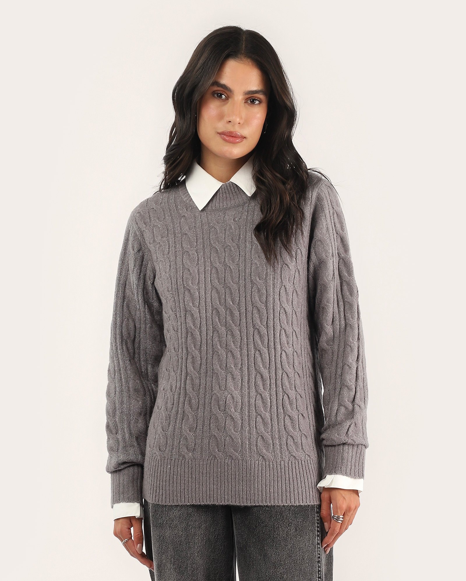 Suéter feminino tricot trançado - cinza