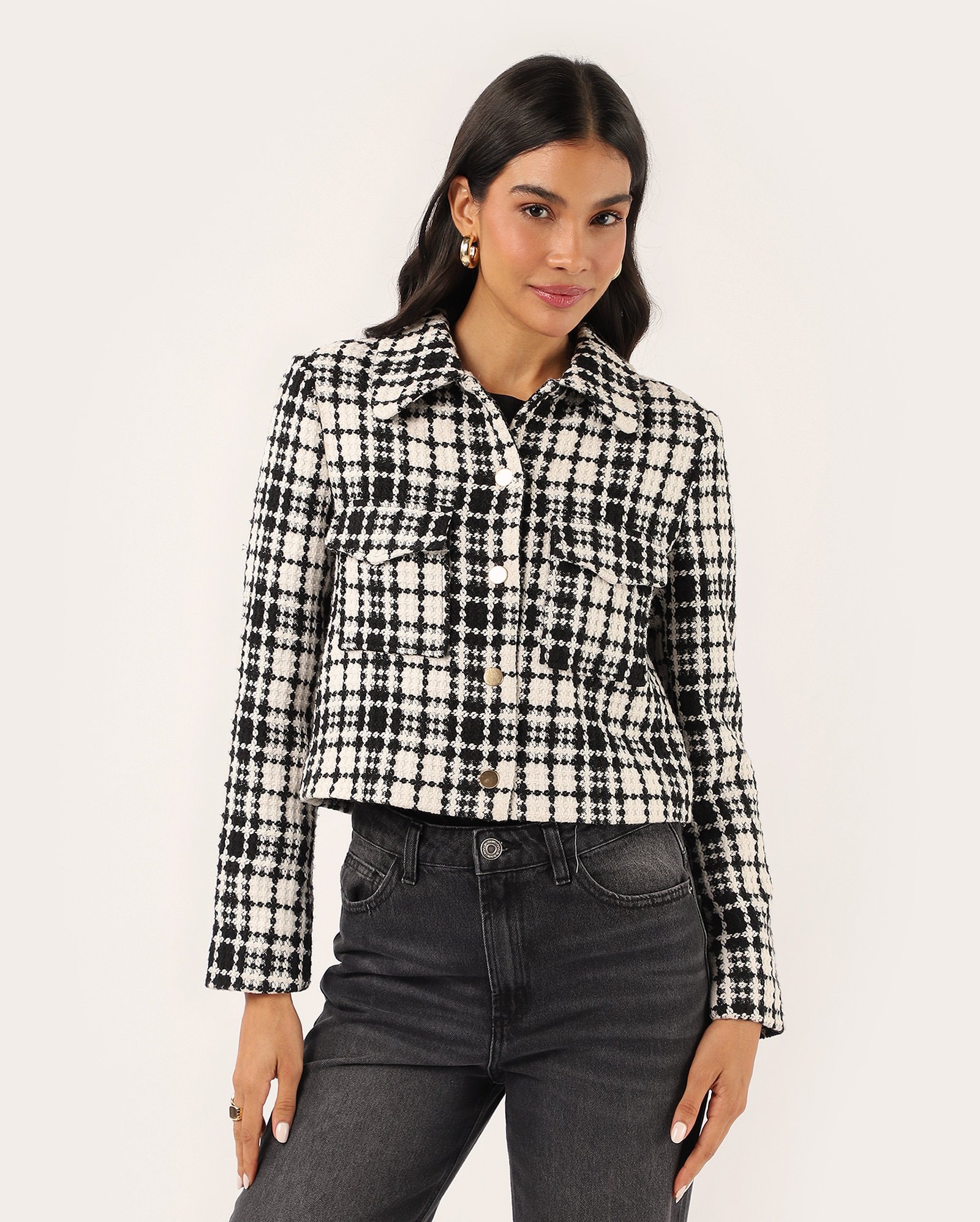 Casaco feminino em tweed com bolsos - multicor
