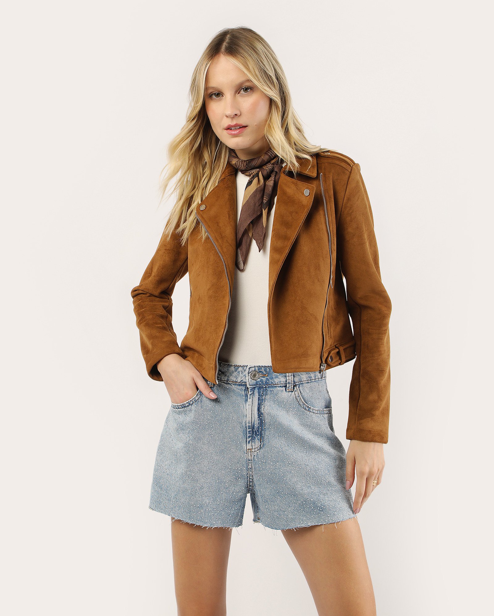 Jaqueta cropped em suede - Marrom Claro