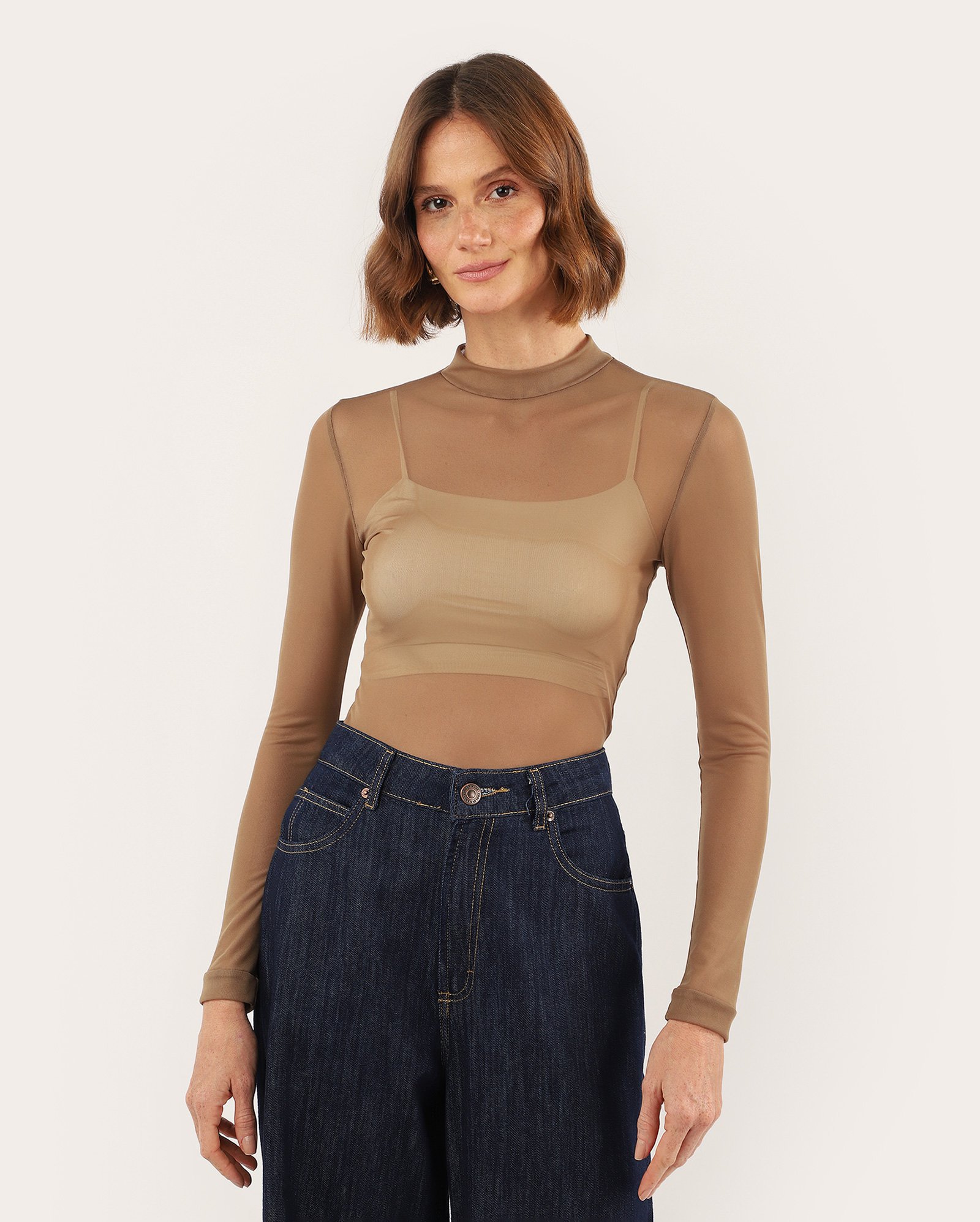 Blusa feminina manga longa de tule - marrom