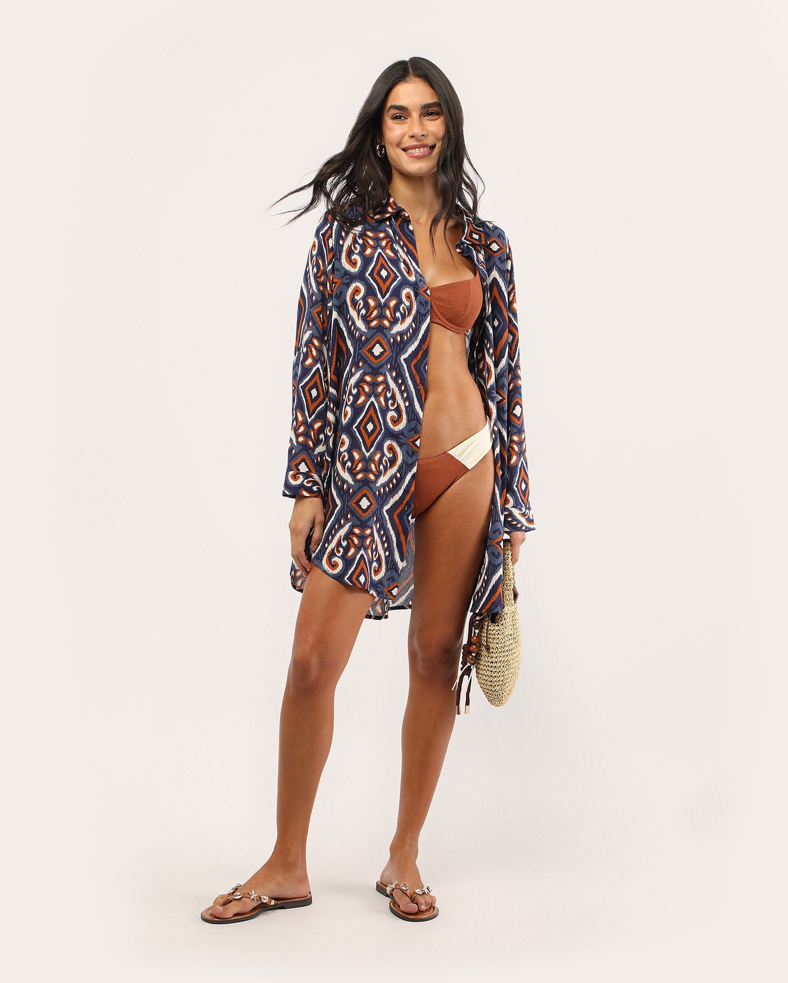 Saída de praia chemise estampada - multicor