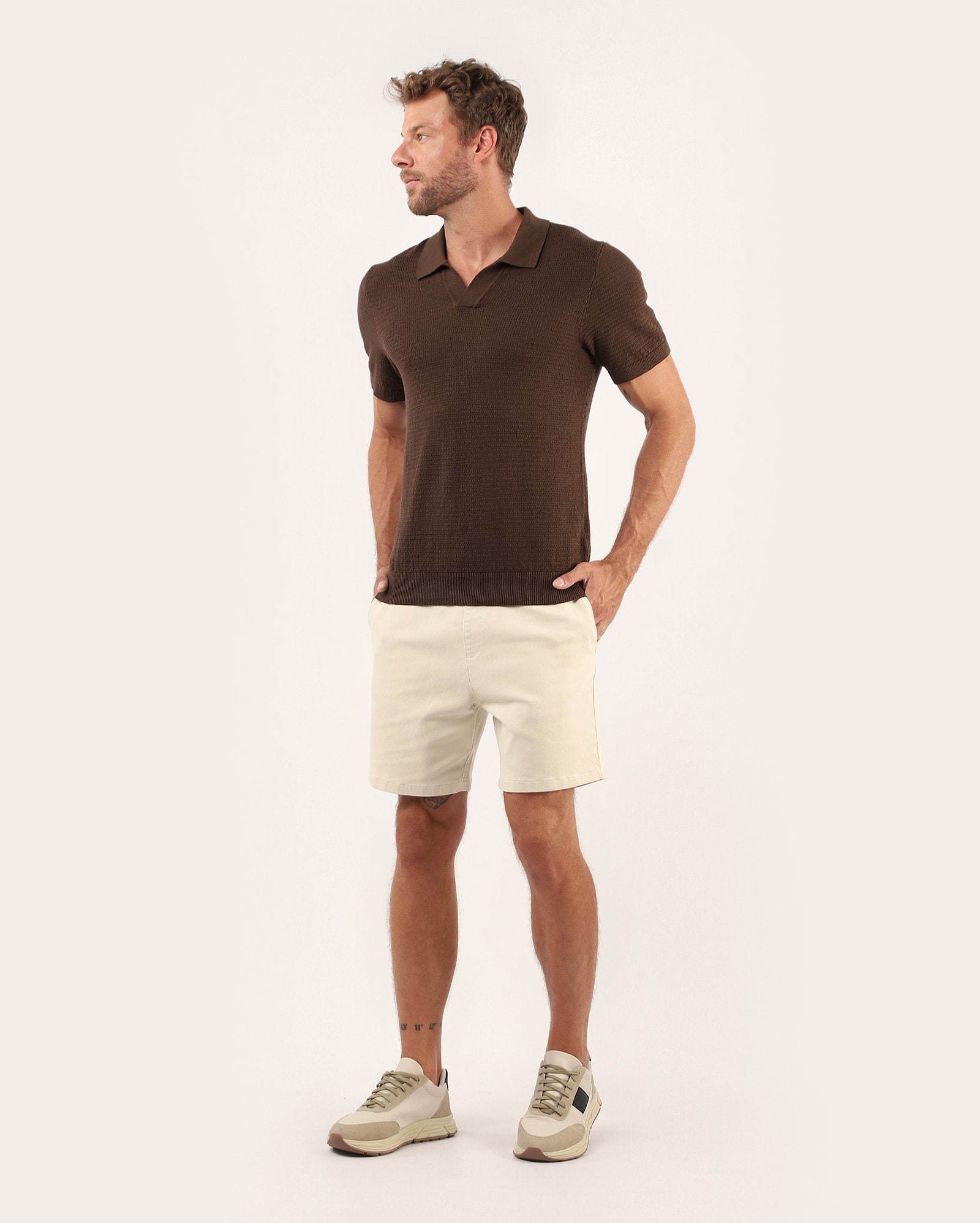 Bermuda sarja masculina reta cós elástico - Bege Claro | Pool Jeans
