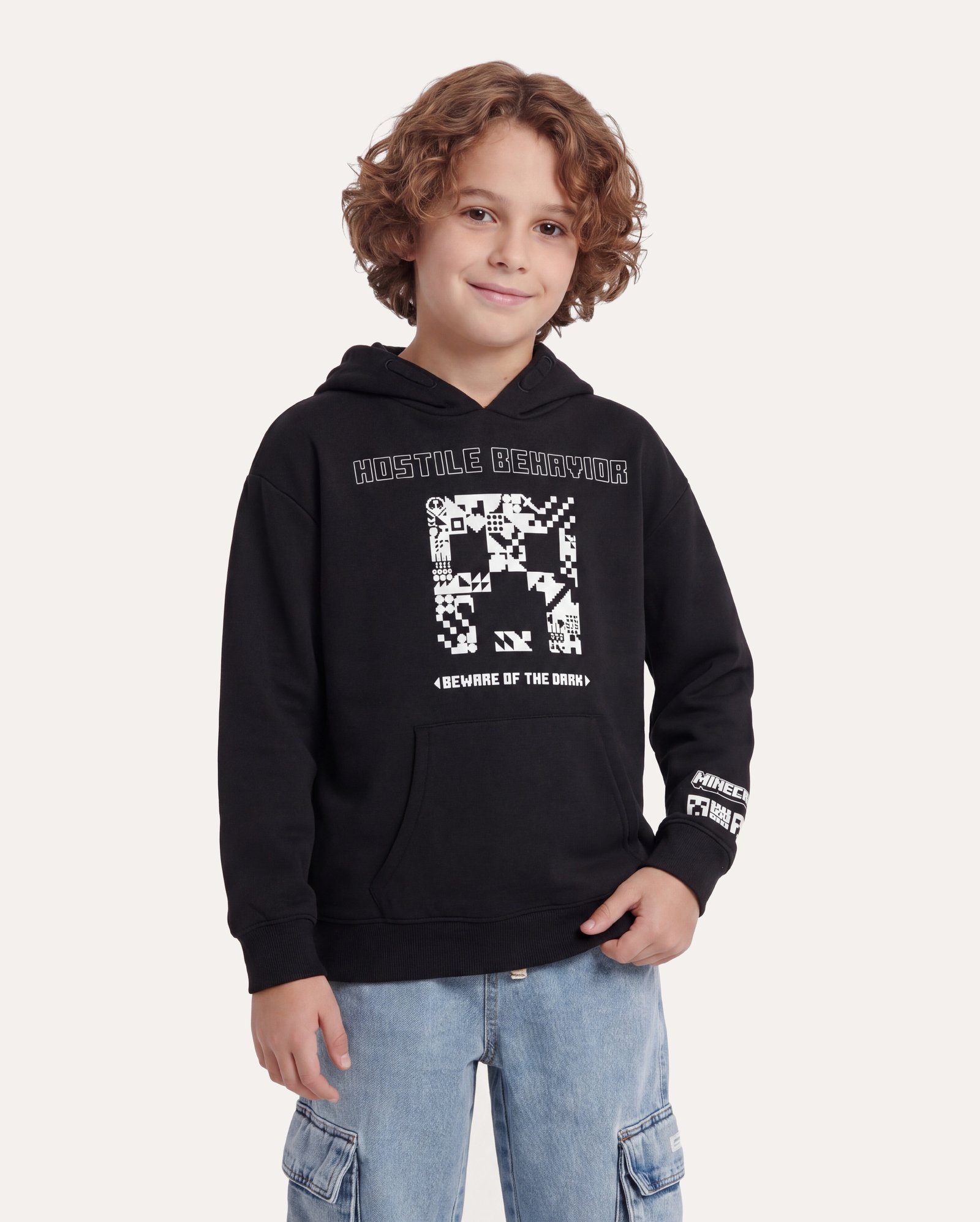 Blusa de moletom infantil com felpa 6-14A - preta | Minecraft