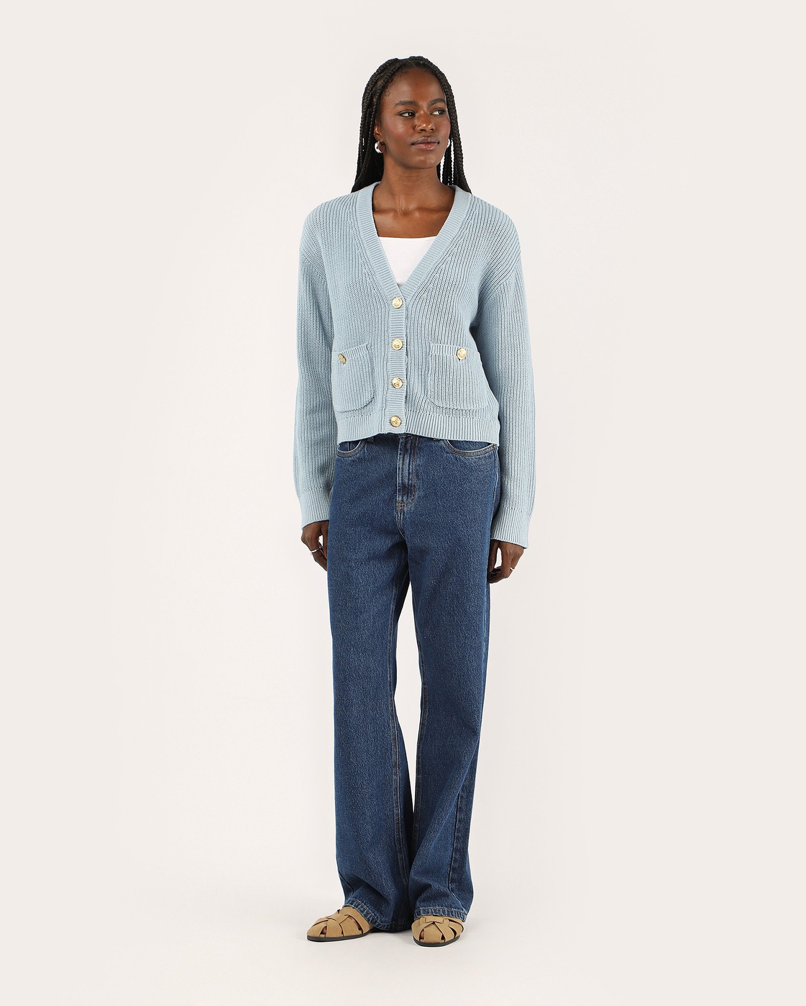 Cardigan feminino de tricot com botões - azul