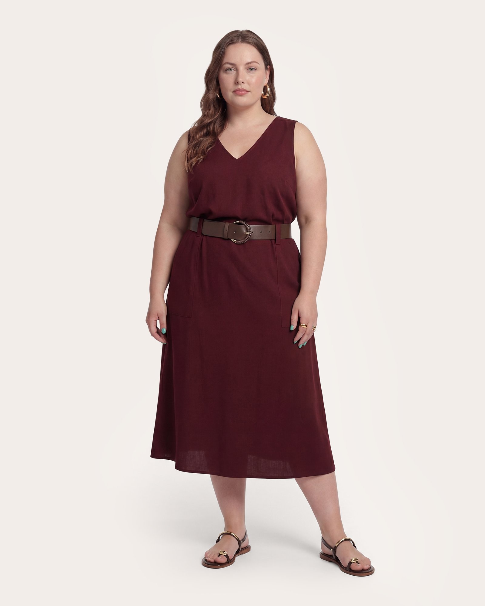 Saia plus size midi em viscolinho com cinto - Vinho