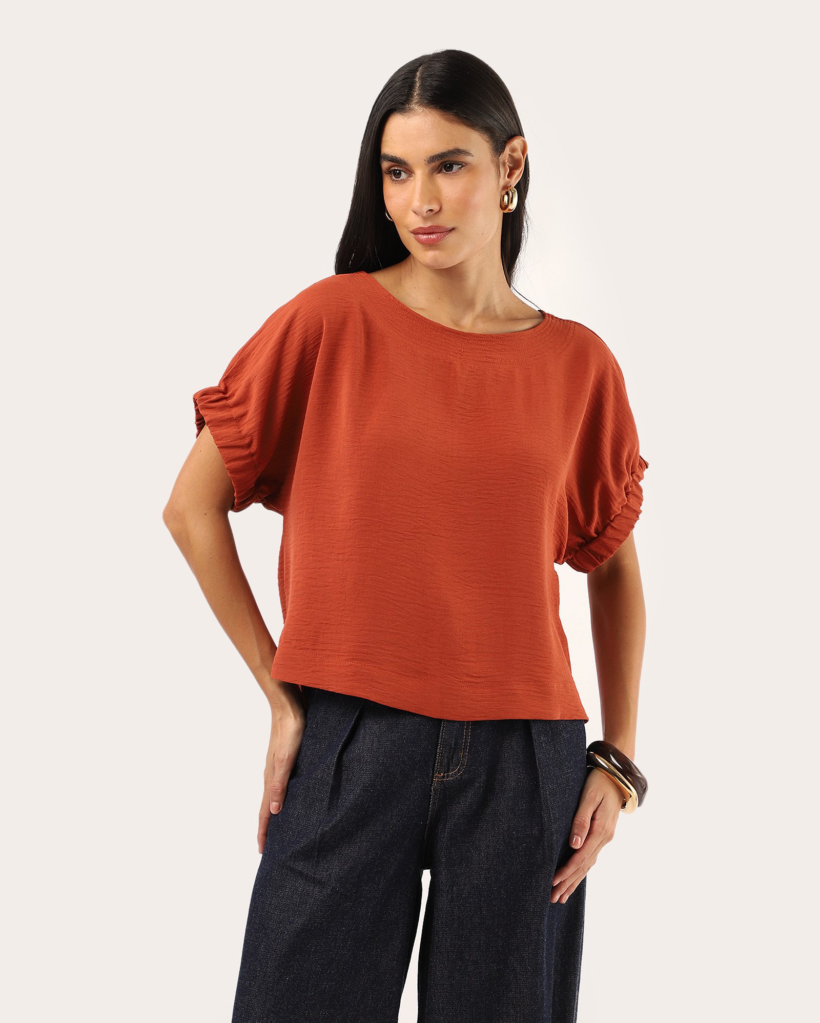 Blusa feminina texturizada gola canoa - laranja