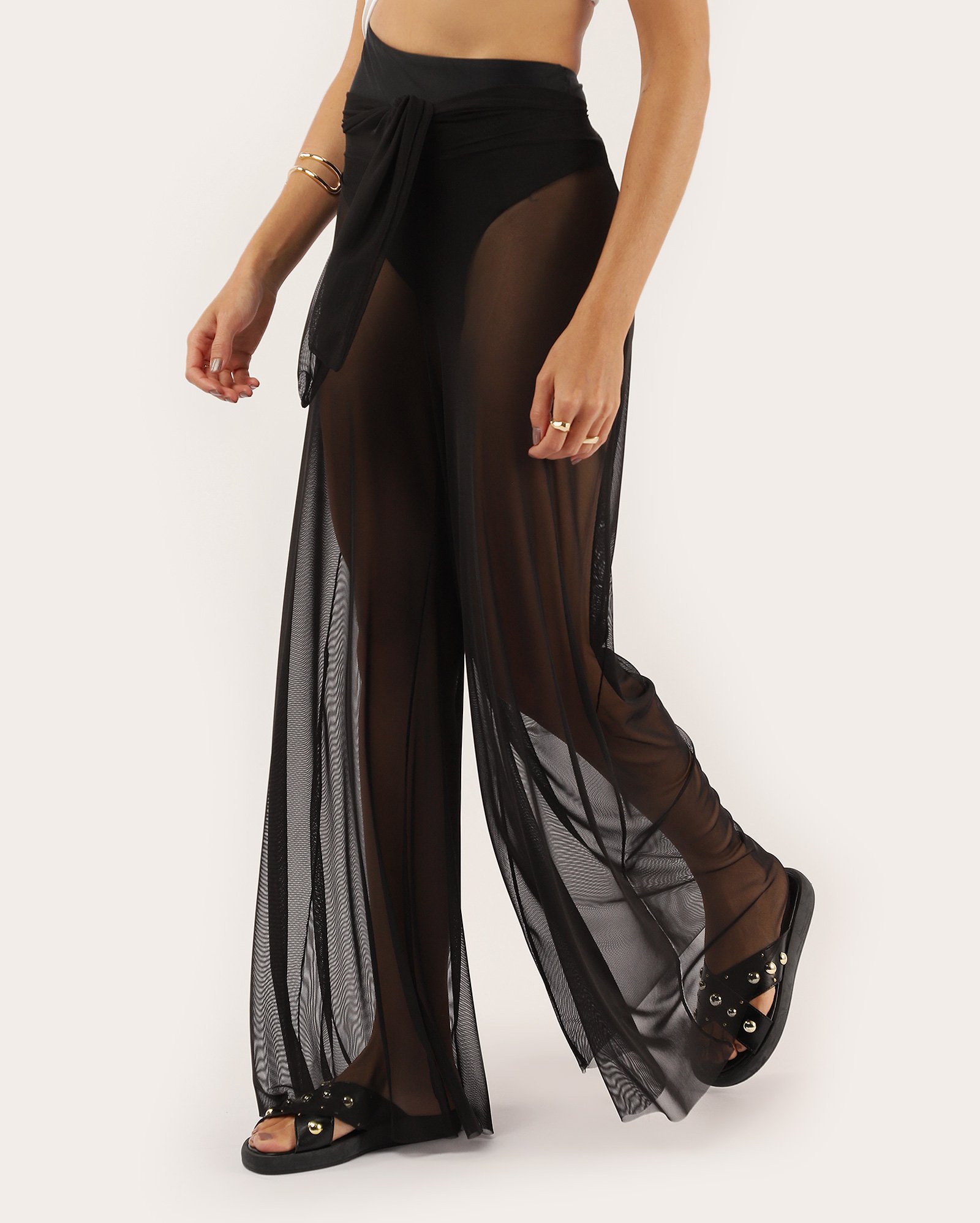 Saída de praia calça pantalona de tule amarração preta